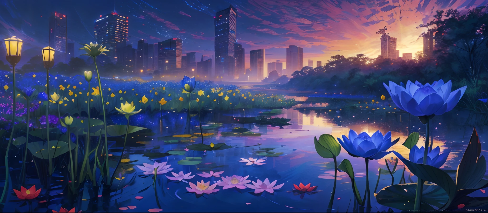 masterpiece, concept art, wide shot panoramic, a pond filled with lots of Himalayan Blue Poppys, city building in the background, cgsociety, nocturnal palette, standing on a lotus, (epic composition, epic proportion), rio de janeiro in an anime film, reflecting flower, art for the game, endless night, scene from louisiana swamps, without text, promotional art