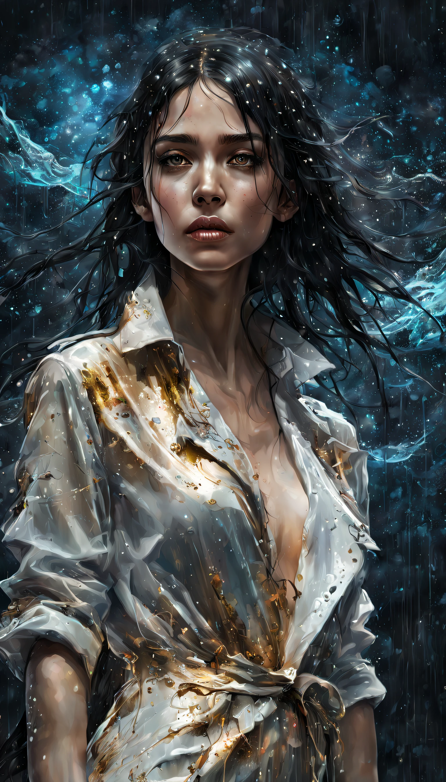 25-years-old model woman, wet black hair, full body, glamour, detailed eyes, beautiful face, wearing wet white and gold ((full body dress)) and wet gold short trench coat, wet skin, night sky, rain, hyper detailed painting, luminism, art by Carne Griffiths and concept art by Wadim Kashin, 4k resolution, bioluminescent fractal isometric details, 3d rendering, octane rendering, intricately detailed, cinematic, trending on artstation Incredible full color isometric centric hyper realistic cover photo, hand drawn, gritty, realistic mucha, intricate , definition of hit, cinematic, rough sketch, bold lines, on paper, grayscale background, subtle glow around her body