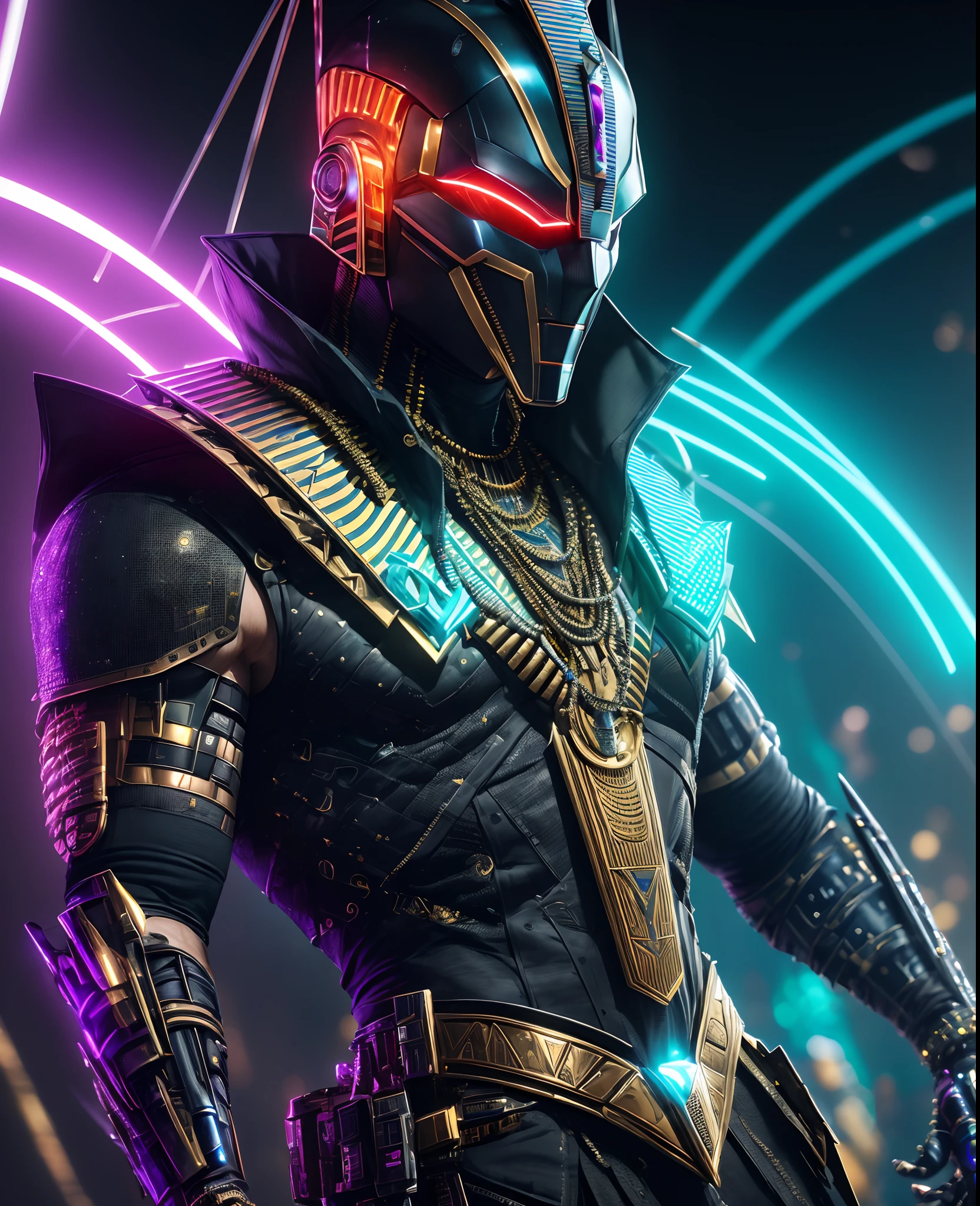 (extremely detailed 8k wallpaper), Close-up (futuristic masked cyborg pharaoh From Marvel dressed in Goth style: 1.3) emerging from the the futuristic world, neon colours, extremely detailed, volumetric lighting