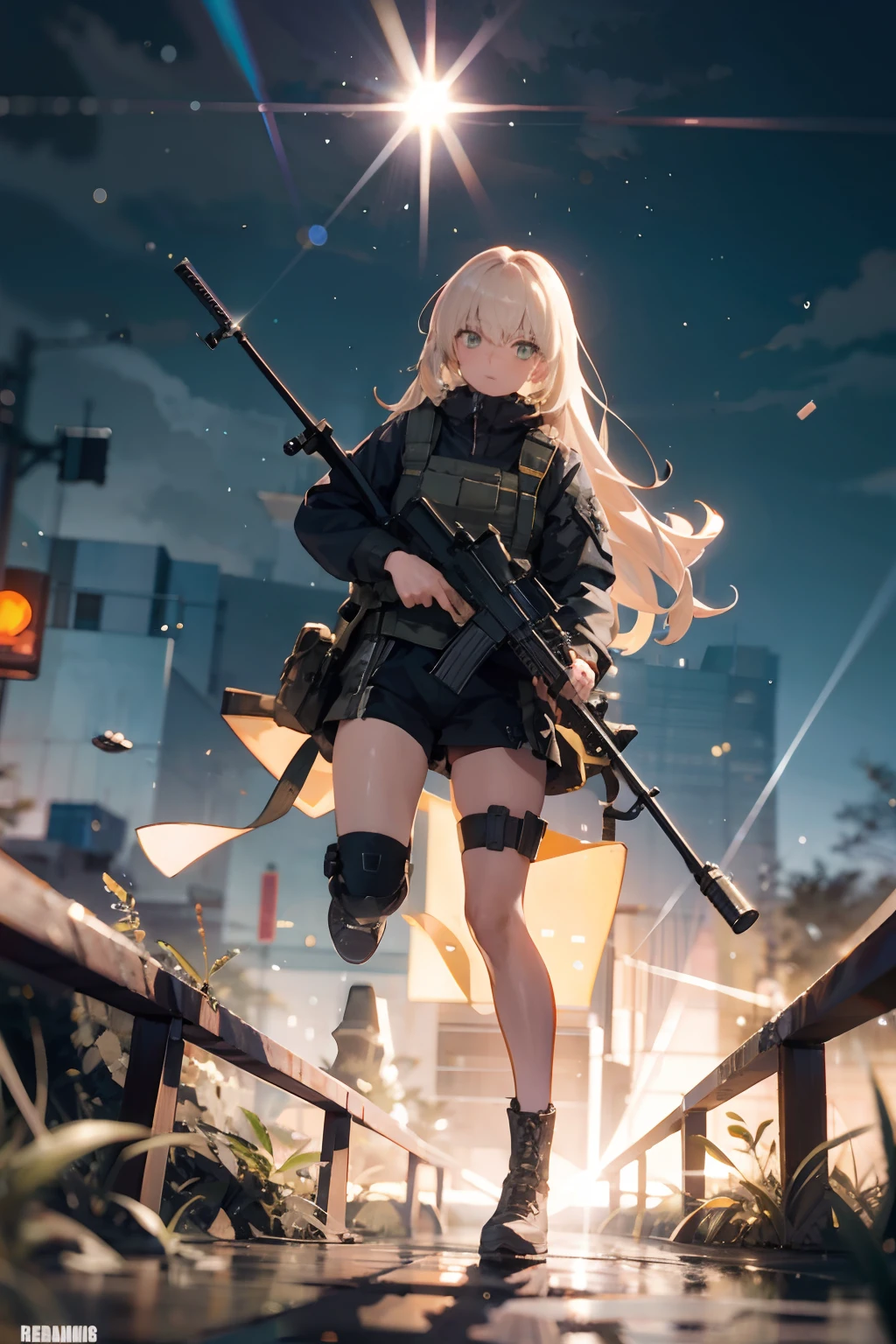 {{Masterpiece, top quality, highly detailed CG, unified 8k wallpaper, movie lighting, lens flare}}, girl shooting rifle, wide view, full body, thick body, long blond hair, green eyes, (holding a weapon, holding a rifle, aiming, aiming: 1.4), gun, h&k hk416, carbine, open fire, firing, (1 girl soldier aiming a huge rifle), 24 years old, teeth out, special forces, from above, knee shooting,
