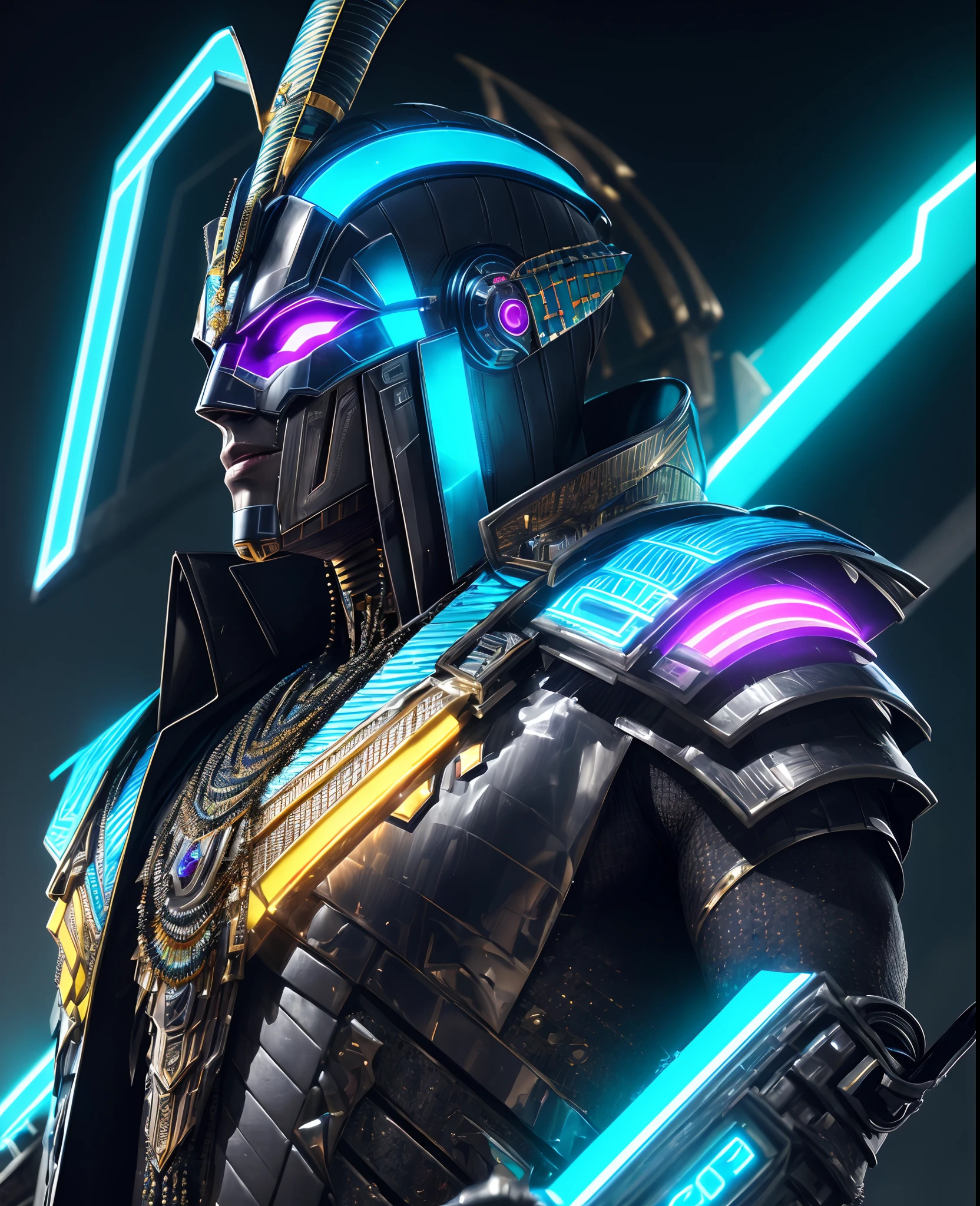 (extremely detailed 8k wallpaper), Close-up (futuristic masked cyborg pharaoh From Marvel dressed in Goth style: 1.3) emerging from the the futuristic world, neon colours, extremely detailed, volumetric lighting