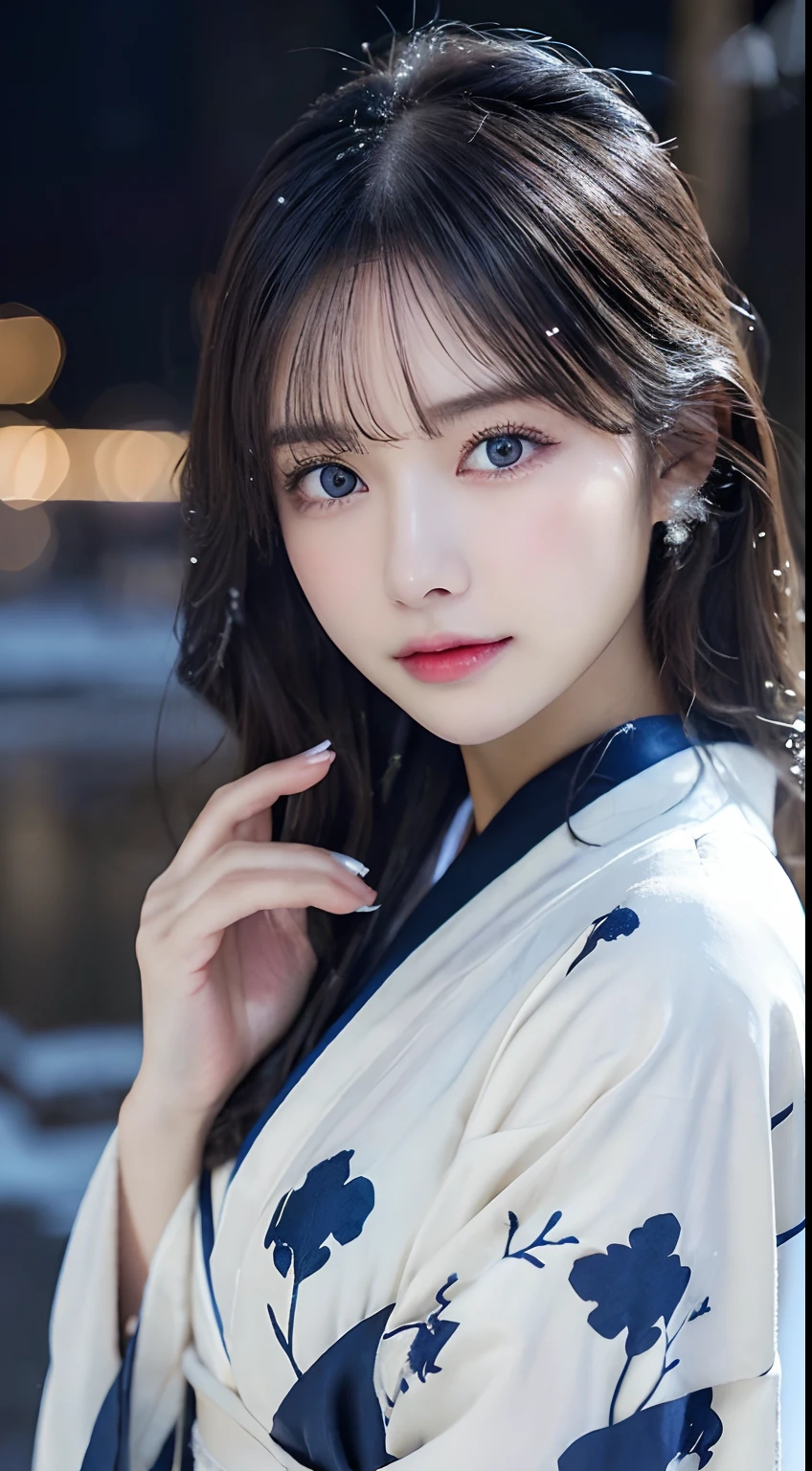 (Kimono)、(Light makeup)、(top-quality,masterpiece:1.3,超A high resolution,),(ultra-detailliert,Caustics),(Photorealsitic:1.4,RAW shooting,)Ultra-realistic capture,(32k,high detal,high-detail、masterpiece,Attention to detail,),Raw photo & realistic atmosphere,beautiful dark blue eyes,Detailed mouth,Glossy lips,Detailed eyebrows,Eyes drawn in detail with soft white skin that shines in every detail)、、 (Skin texture is natural、、The skin looks healthy with an even tone、 Use natural light and color,One Woman,japanes,,kawaii,A dark-haired,Middle hair,(depth of fields、chromatic abberation、、Wide range of lighting、Natural Shading、)、、(Exterior light at night:1.4)、(Falling snow:1.2)、(Hair swaying in the wind:1)、(Snow reflects light:1.3)