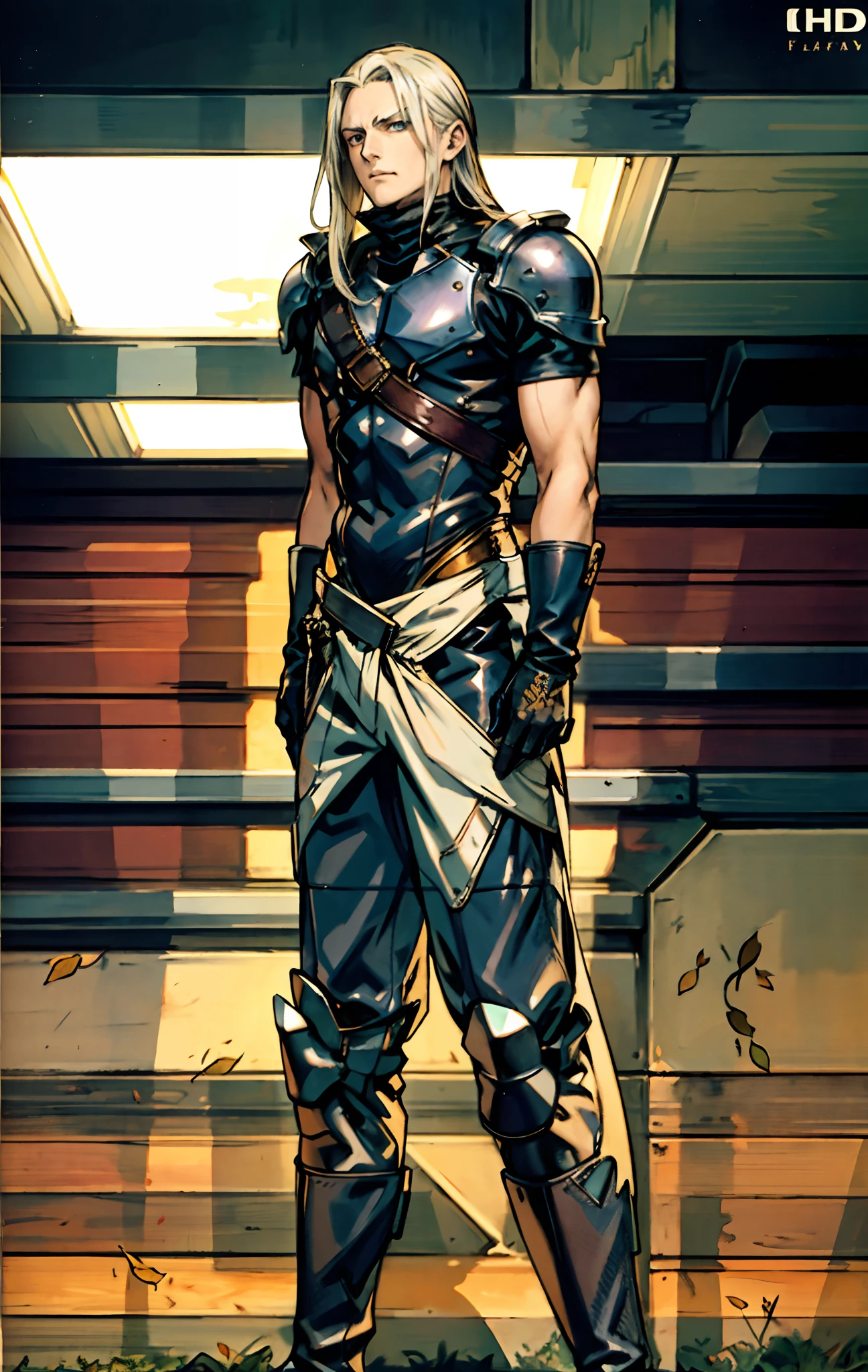 A middle-aged man, long platinum-blond hair, neatly combed hair, a square face, a serious expression, sharp eyes, tall figure, a dark fantasy-realistic style bodysuit, short sleeve, a silver-white chestplate, gloves with metal accessories, three metal blades extending from the gloves, tight-fitting pants that match the bodysuit, silver-white metal shin guards, boots, the background is a mountain forest at night, with falling leaves, this character embodies a finely crafted fantasy-realistic style assassin in anime style, characterized by an exquisite and mature manga illustration art style, high definition, best quality, highres, ultra-detailed, ultra-fine painting, extremely delicate, professional, anatomically correct, symmetrical face, extremely detailed eyes and face, high quality eyes, creativity, RAW photo, UHD, 8k, Natural light, cinematic lighting, masterpiece-anatomy-perfect, masterpiece:1.5