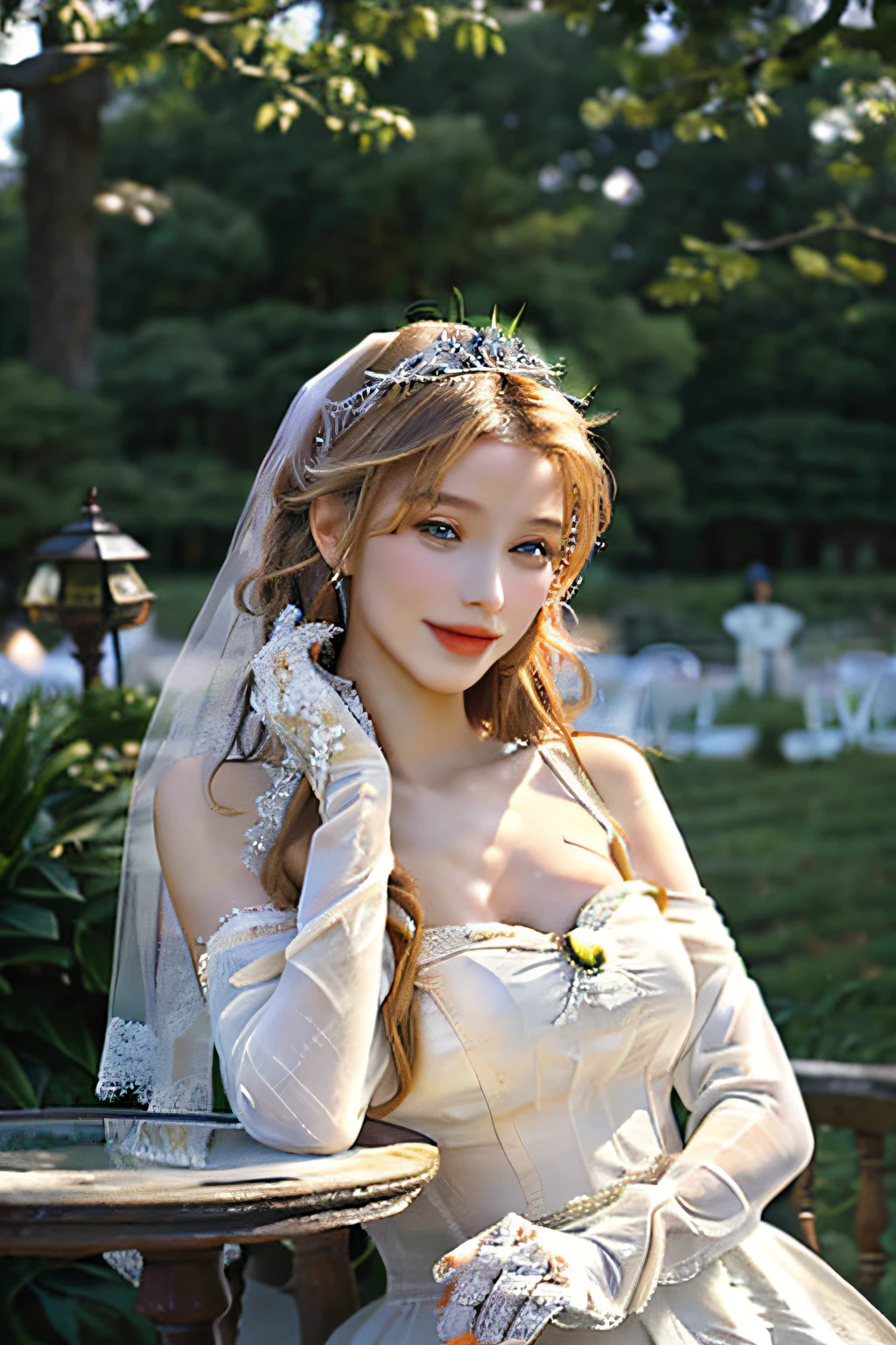 The woman of Arafi sat at the table in the dining room,With a glass of wine, Masterpiece, Best quality, , 1girll, Solo, , Depth of field, Blonde hair, Green eyes, mitts, dress, Bare shoulders, 鎖骨, Elbow gloves, White gloves, White dress, No shoulder strap, head gear, light yarn, Strapless dress, Wedding dress, Bridal veil, Beautiful woman, Perfect body, Wearing a wedding dress, Prom Dresses, In the garden of trees, Wedding decoration, Looking at the audience, a little bit smile , Realism, Masterpiece, Textured skin, Super detail, High detail, High quality, Best quality, 1080p, 16k
