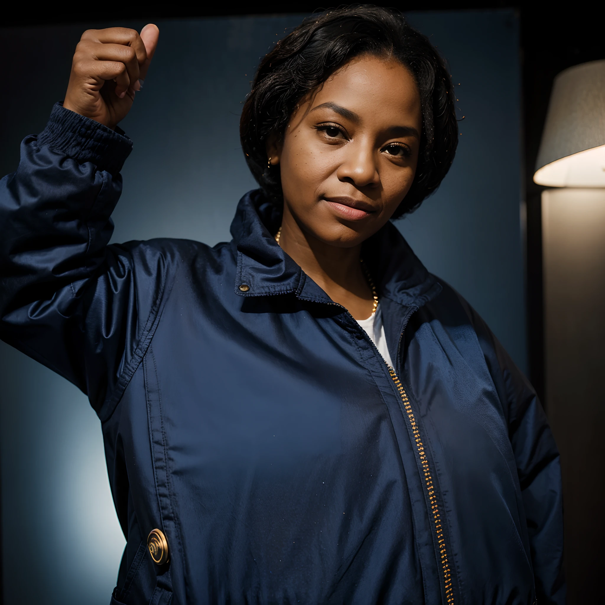 black grandmother style photo thumbs up, blue jacket style, urban style, studio background, Medium long shot, flashy lighting, bright, shot on leica, shot on agfa vista 200, deep focus, photorealistic