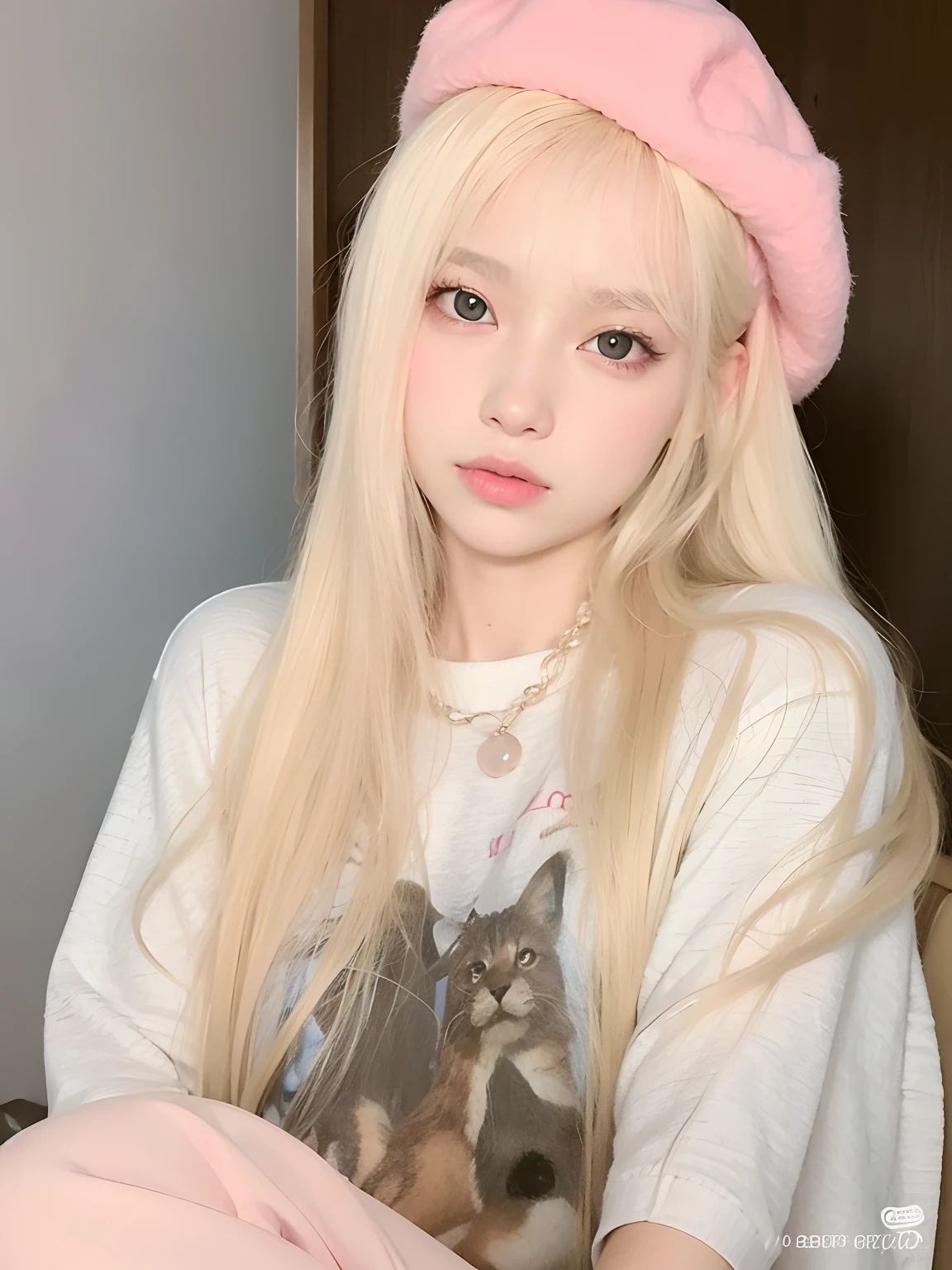 Araffe girl with long blond hair wearing a pink hat, longos cabelos brancos e franja, Ulzzang, com cabelos longos brancos, com longos cabelos brancos, extremely pale blond hair, Lalisa Manobal, branco hime corte penteado, very very pale blond hair, longos cabelos loiros e olhos grandes, Lalisa Manoban do Blackpink, Parque Roseanne do Blackpink