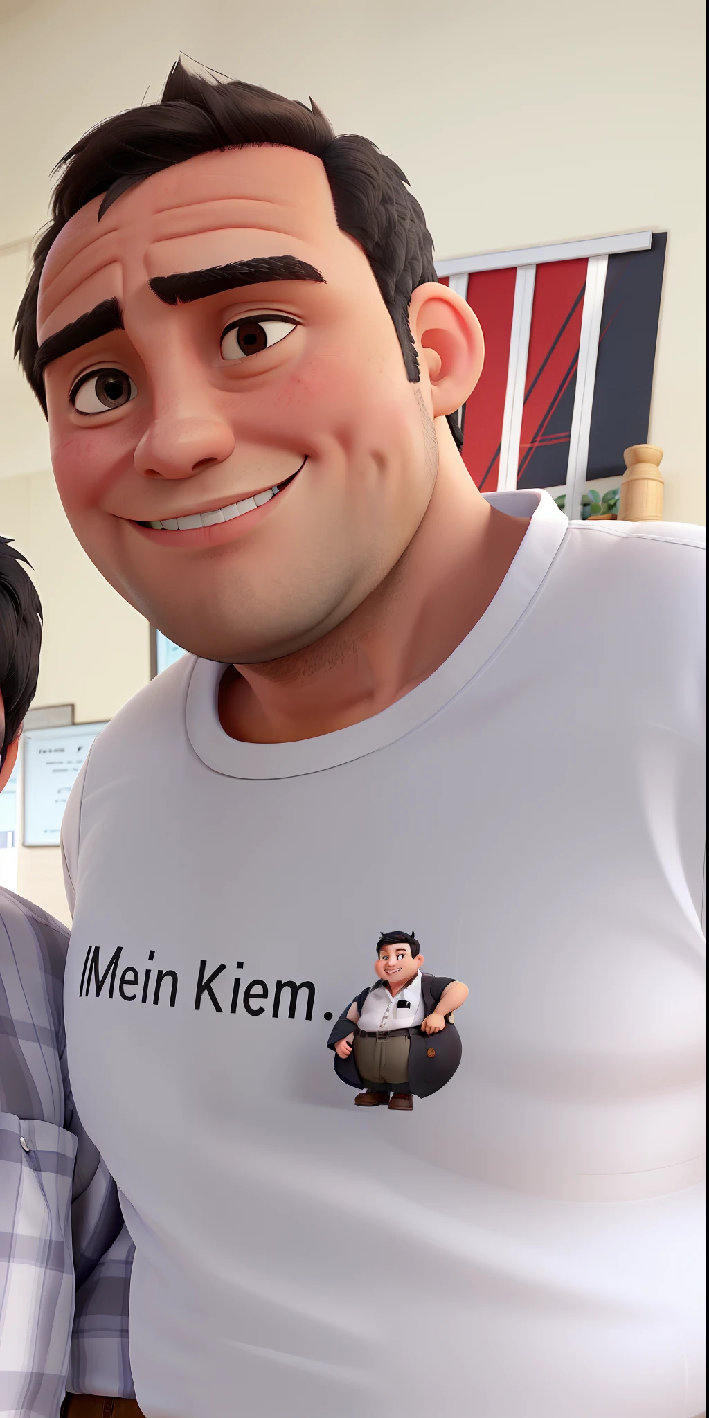 man with a slightly fat body, smiling, wearing a button-down shirt, short black hair, he has oriental style eyes, big ears