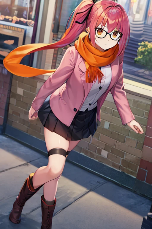 Full body girl with pink colored hair, side ponytail, long hair, orange eyes, wearing winter clothes, skirt, a hair ribbon, glasses, an orange scarf, black thighhighs and boots