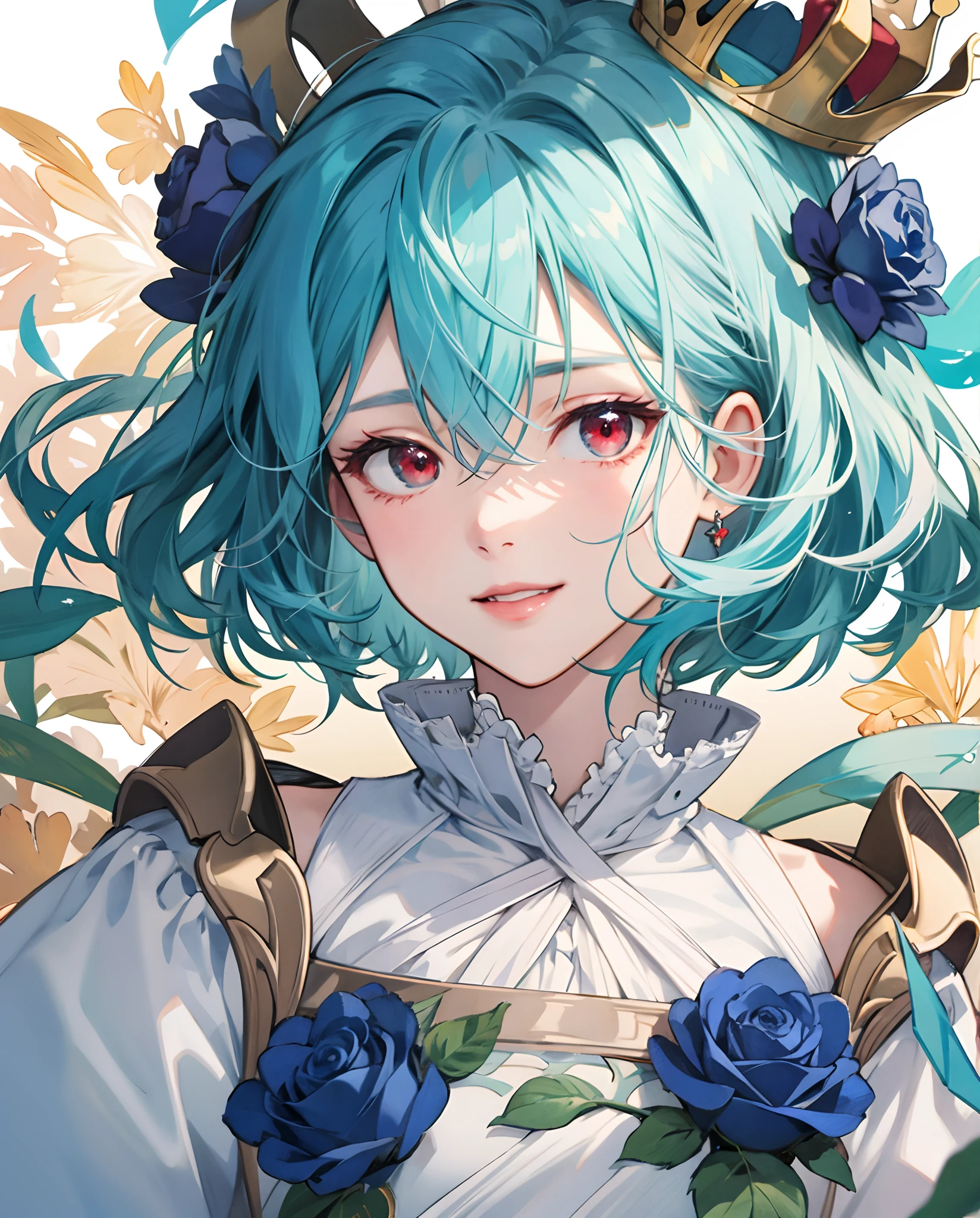 masterpiece、top-quality、超A high resolution、2D Beautiful Girl、animesque、s girl、Blue hair、short-haired、Crown of the Blue Rose、Beautiful red eyes、The clothes are also depicted in detail、Eyes are depicted in detail、The face is depicted in detail、sorcerer、soio、Gentle smile、hair adornments、animesque、illustratio