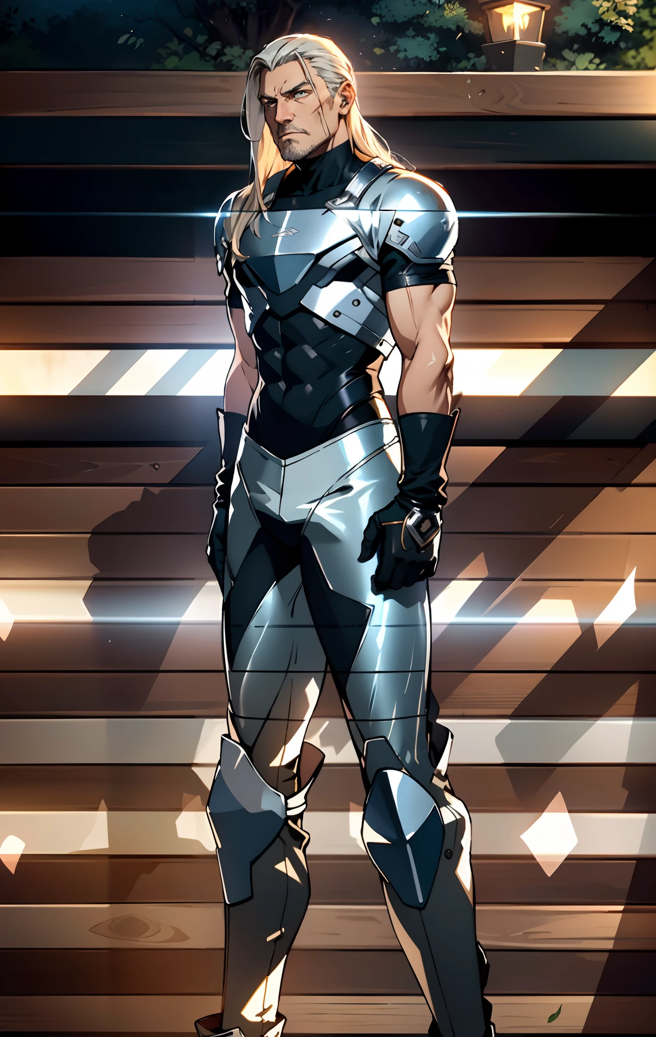 A middle-aged man, long platinum-blond hair, neatly combed hair, a square face, a serious expression, sharp eyes, tall figure, a dark fantasy-realistic style bodysuit, short sleeve, a silver-white chestplate, gloves with metal accessories, three metal blades extending from the gloves, tight-fitting pants that match the bodysuit, silver-white metal shin guards, boots, the background is a mountain forest at night, with falling leaves, this character embodies a finely crafted fantasy-realistic style assassin in anime style, characterized by an exquisite and mature manga illustration art style, high definition, best quality, highres, ultra-detailed, ultra-fine painting, extremely delicate, professional, anatomically correct, symmetrical face, extremely detailed eyes and face, high quality eyes, creativity, RAW photo, UHD, 8k, Natural light, cinematic lighting, masterpiece-anatomy-perfect, masterpiece:1.5
