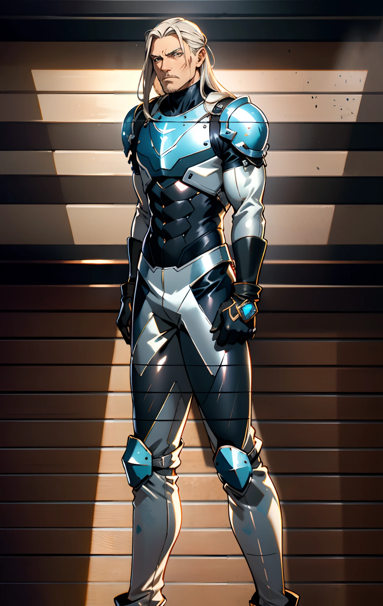 A middle-aged man, long platinum-blond hair, neatly combed hair, a square face, a serious expression, sharp eyes, tall figure, a dark fantasy-realistic style bodysuit, short sleeve, a silver-white chestplate, gloves with metal accessories, three metal blades extending from the gloves, tight-fitting pants that match the bodysuit, silver-white metal shin guards, boots, the background is a mountain forest at night, with falling leaves, this character embodies a finely crafted fantasy-realistic style assassin in anime style, characterized by an exquisite and mature manga illustration art style, high definition, best quality, highres, ultra-detailed, ultra-fine painting, extremely delicate, professional, anatomically correct, symmetrical face, extremely detailed eyes and face, high quality eyes, creativity, RAW photo, UHD, 8k, Natural light, cinematic lighting, masterpiece-anatomy-perfect, masterpiece:1.5