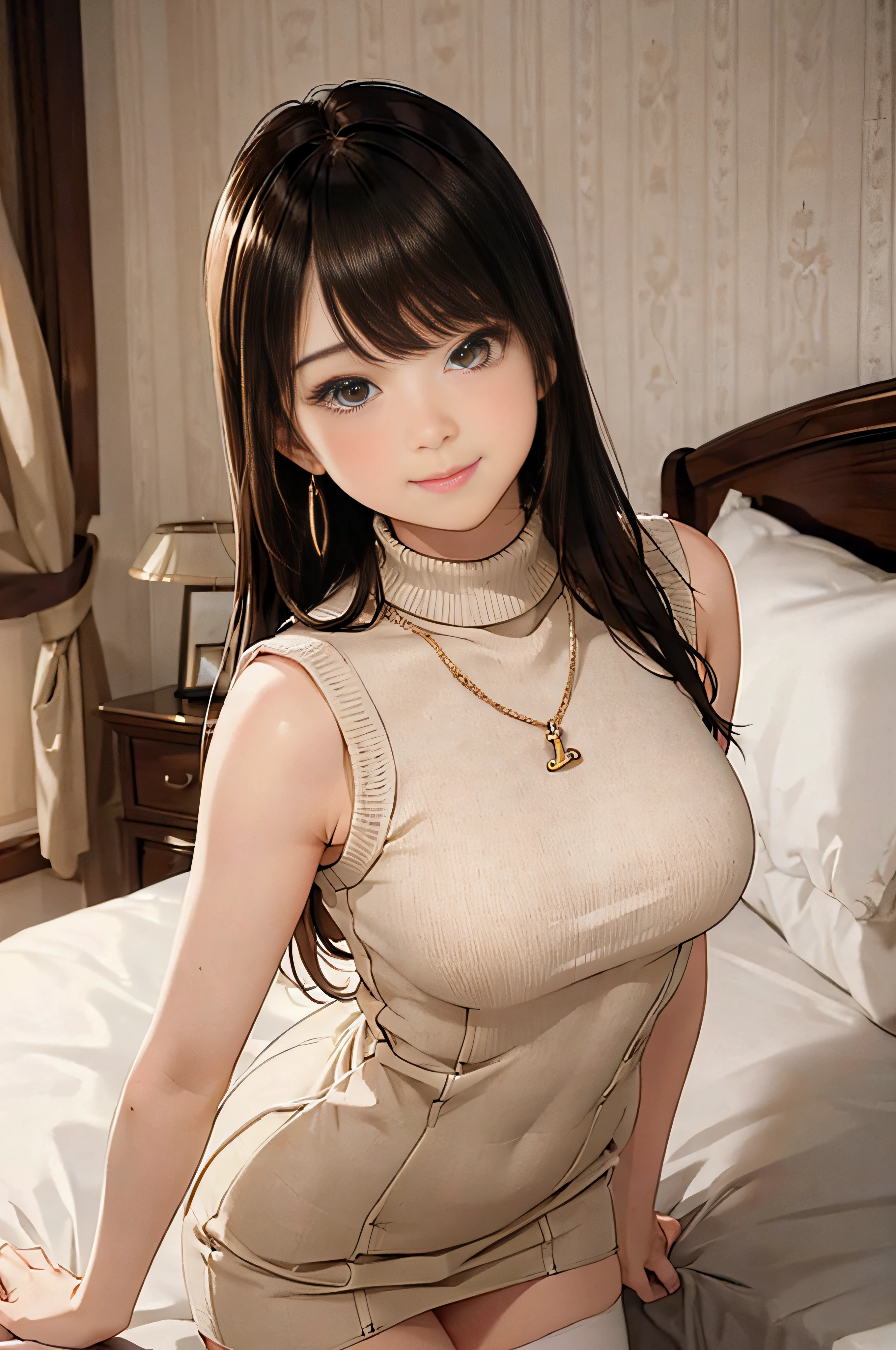 (Light Beige Turtleneck Sleeveless Knit)、pencil skirts、20 year old girl, breasts of medium size,, Tron bulge in the chest、Pinch your chest with your arms、brown haired、Long Wave Hair、hotels room, a necklace、Earring、knee high stockings、Hotel Bed、lyin in bed、Raise your hand ((Very detailed)), Shy smile、Kamimei、(Perfectly detailed face), (Well detailed hands) Photorealistic images、full body seen、emphasis on the buttocks