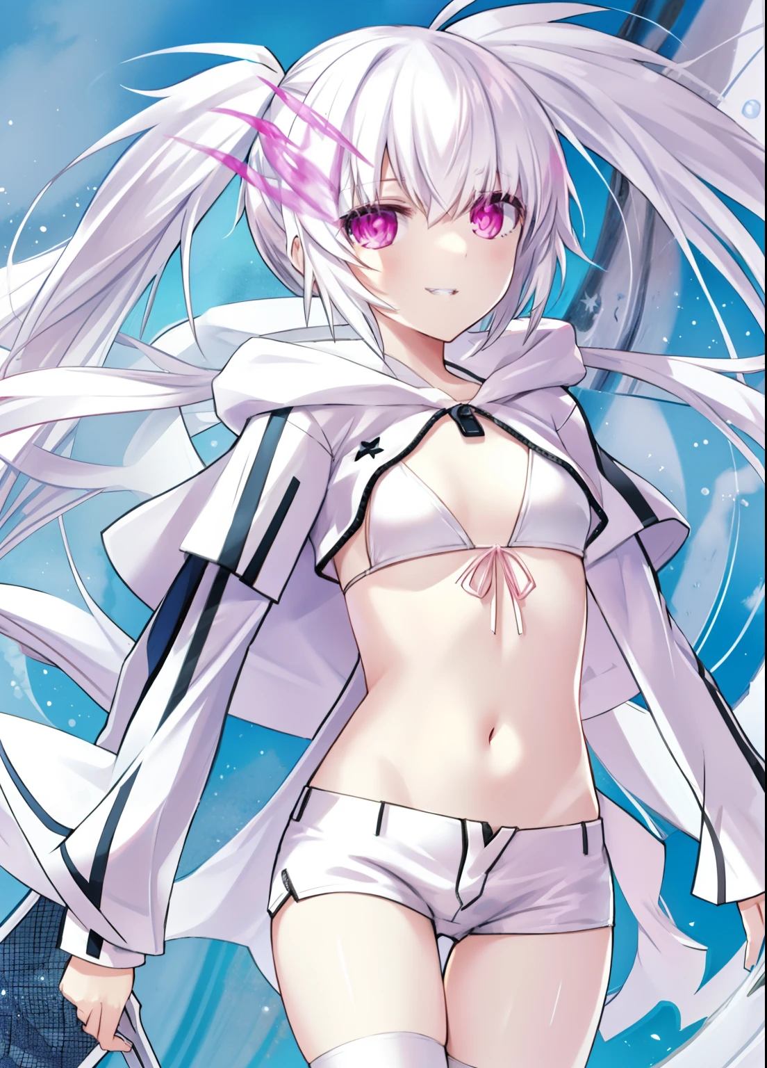 4k, 8k, (masterpiece, best quality), intricate details,1girl, pink eyes, white rock shooter, coat, collar, flat chest, jacket, long hair, soft grin, almost without feelings, scar, shorts, white bikini top, star \(symbol\), swimsuit, twintails, uneven twintails, ((pink fire)),flaming eye, pink fire on eye, clean atmosphere, cold atmosphere, white dimension,