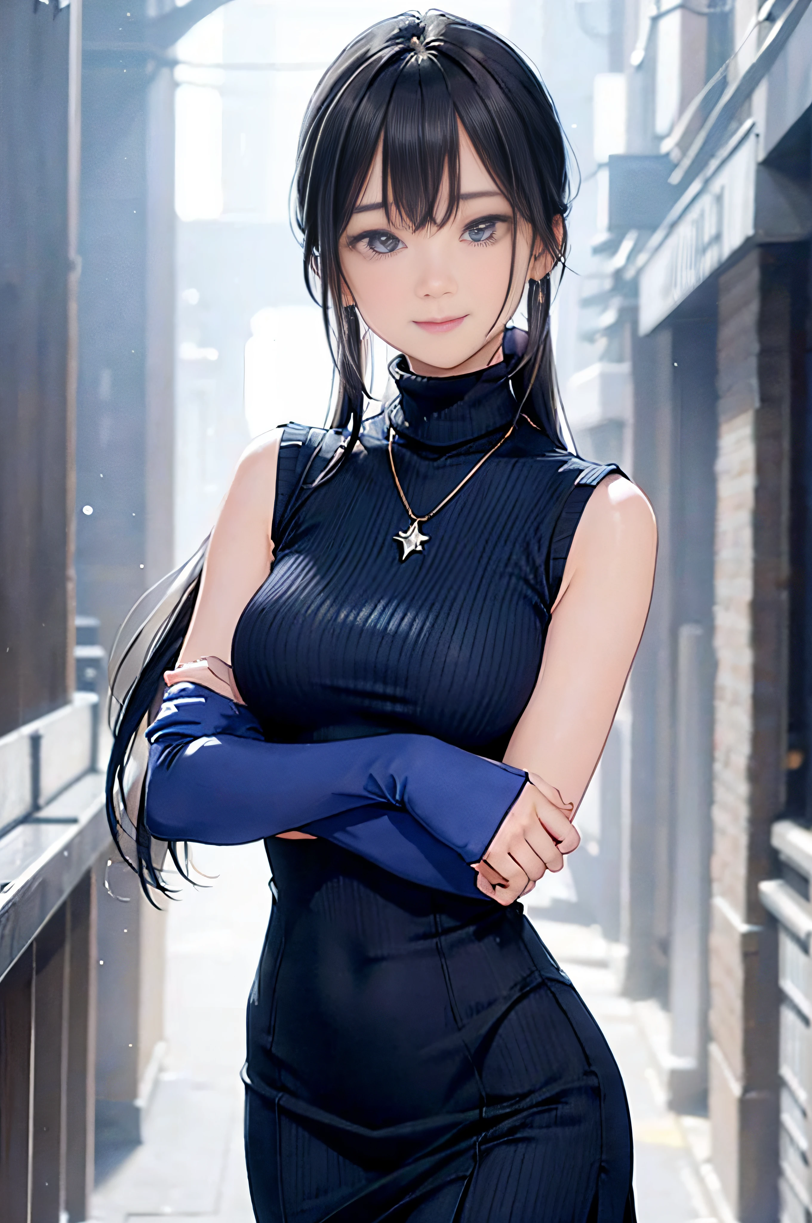 (Dark blue turtleneck sleeveless knit)、pencil skirts、20 year old girl, breasts of medium size,, Tron bulge in the chest、Pinch your chest with your arms、brown haired、Long Wave Hair,in the city street, a necklace、Earring、knee high stockings、high-heels ((Very detailed)), Shy smile、Kamimei、(Perfectly detailed face), (Well detailed hands) Photorealistic images、full body seen、emphasis on the buttocks