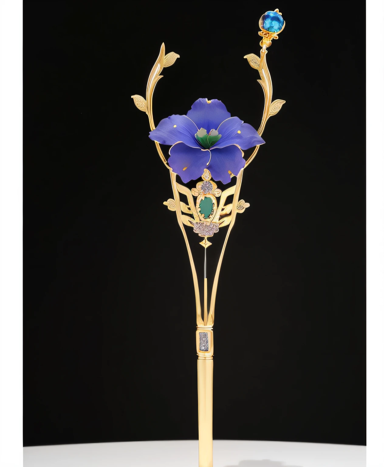 Plant modeling,Close-up of blue flowers on a golden stick, sceptre, with scepter and crown, Holding a scepter, dazzling gem in the hilt, Egyptian, bone scepter, egyption, cloisonne, Rudolf Vérez, embedded with gemstones, Ancient sword, Late 1st century 9th century, 1 4 8 0 s, tang mo, persian queen