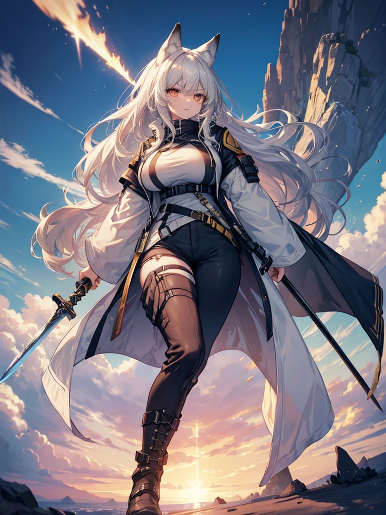 de pele branca, Massive, muscular girl, Kaiju, aggressive, Proud,long, wavy white hair,Long dark blue coat,very very gigantic boobs,muffler,Wolf Girl,Golden decoration,big tail,trouser,Big animal ears,huge sword,long boots,Warm clothing,Clothes that are large in size,No skin exposure,Fluffy,venusbody,arknights,angry,