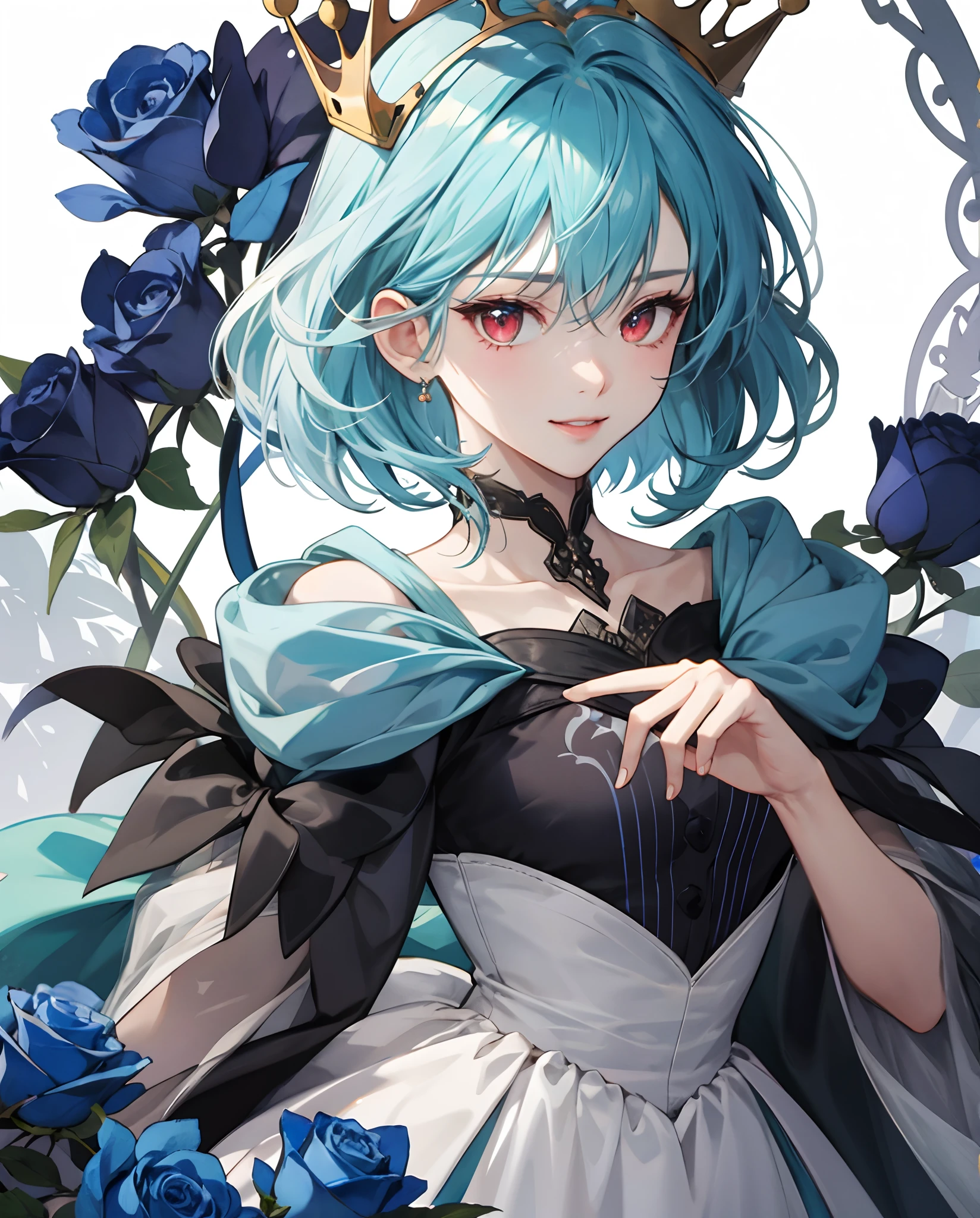 ​masterpiece、top-quality、超A high resolution、2D Beautiful Girl、animesque、teens girl、Blue hair、short-haired、Crown of the Blue Rose、Beautiful red eyes、The clothes are also depicted in detail、Eyes are depicted in detail、The face is depicted in detail、sorcerer、soio、Gentle smile、hair adornments、animesque、illustratio