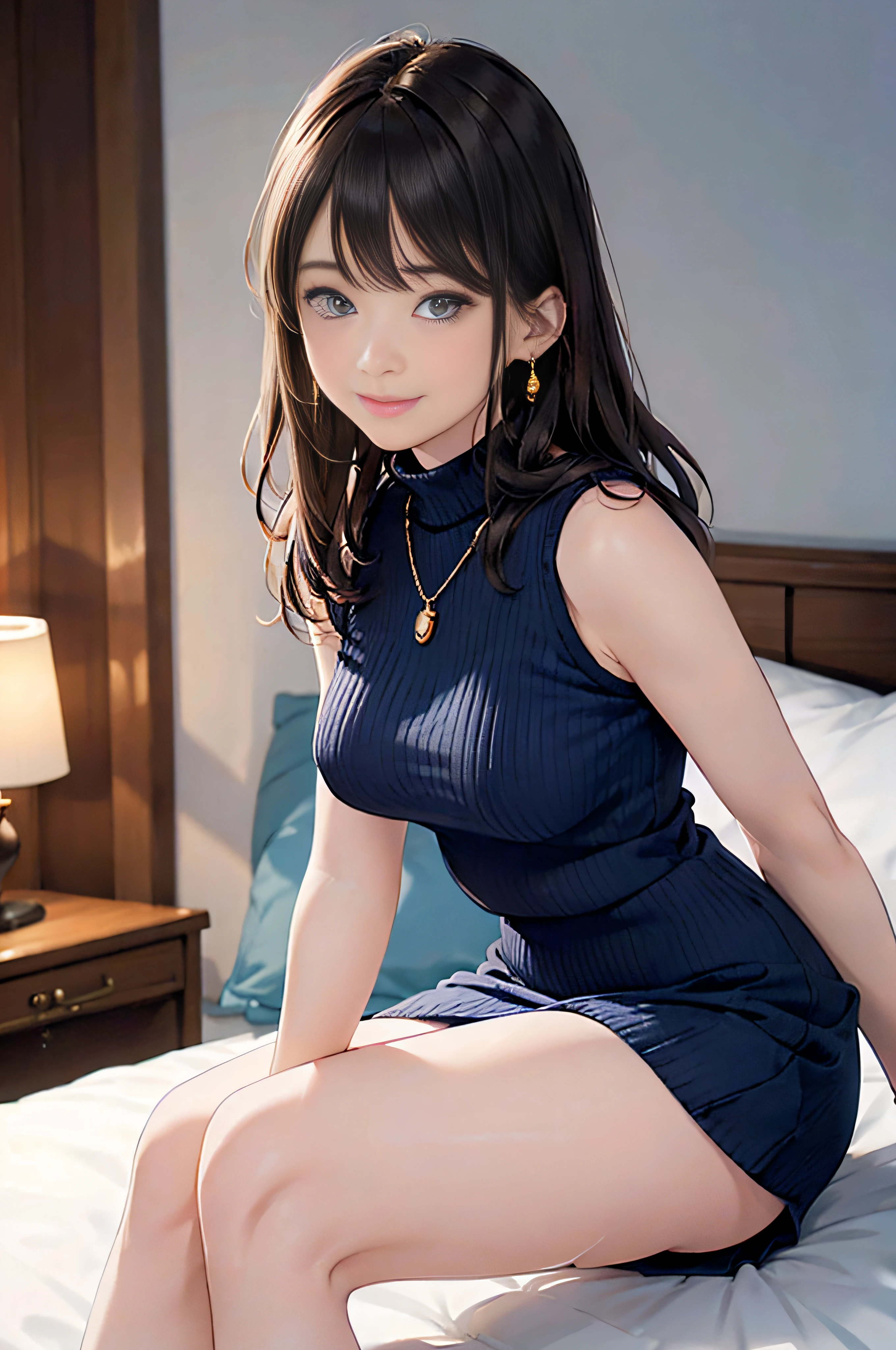 Araffe asian woman in a blue dress sitting on a bed - SeaArt AI