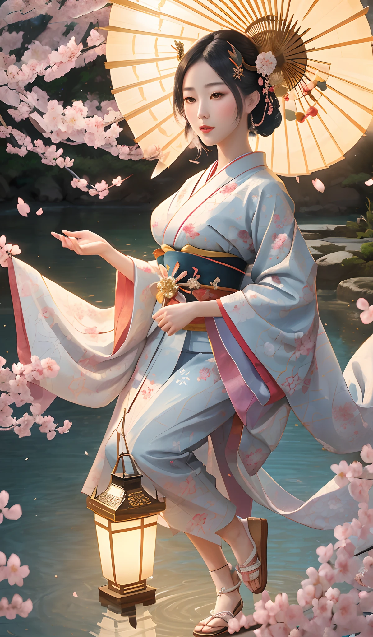 (best quality,8k,Octane rendering:1.2),incredibly detailed full-body portrait of a geisha,detailed kimono pattern,elaborate hairstyling,perfectly symmetrical,traditional japanese fan,tranquil garden background,vibrant colors,delicate cherry blossom petals,fine brush strokes,subtle lighting,meticulous hand-painted details,realistic skin texture,graceful posture,intense gaze,fascinating traditional makeup,geometric patterns on the obi,ornate hair accessories,geisha's traditional narrow wooden sandals,beautifully folded origami cranes,soft glowing lanterns,serene atmosphere,artistic perspective,dynamic composition,expression of elegance and grace,subtle hints of mystery,masterpiece in portrait art,rich cultural symbolism
