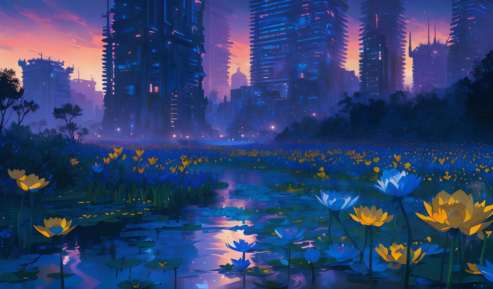 masterpiece, concept art, wide shot panoramic, a pond filled with lots of Himalayan Blue Poppys, city building in the background, cgsociety, nocturnal palette, standing on a lotus, (epic composition, epic proportion), rio de janeiro in an anime film, reflecting flower, art for the game, endless night, scene from louisiana swamps, without text, promotional art