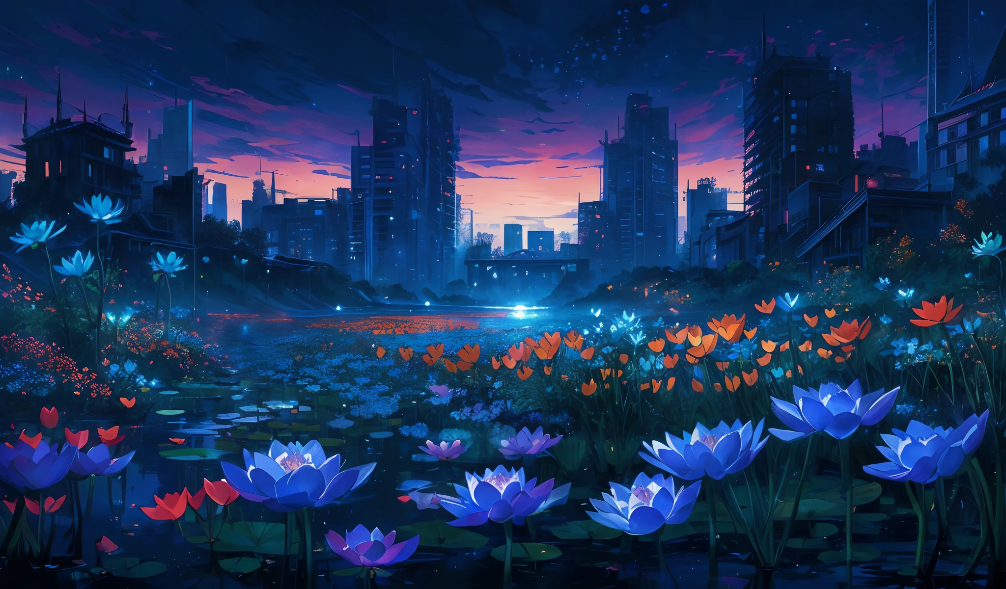 masterpiece, concept art, wide shot panoramic, a pond filled with lots of Himalayan Blue Poppys, city building in the background, cgsociety, nocturnal palette, standing on a lotus, (epic composition, epic proportion), rio de janeiro in an anime film, reflecting flower, art for the game, endless night, scene from louisiana swamps, without text, promotional art