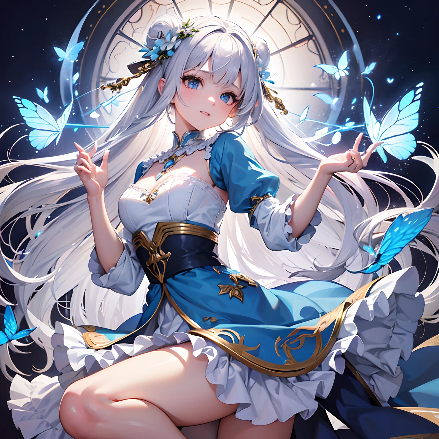 Beautiful and detailed girl with beautiful detailed face with blue long hair with blue eyes with white flower necklace, intricate detailes, Extremely delicate and beautiful, Whole body, From Side, focus on girl, Looking down, beautiful detailed fullbody, Petite, 1 girl, Young girls, Detailed long hair, Curly hair, Air bangs, Beautiful and detailed rune tails, Hair intake, White and silver hair, Beautiful face, grin, complex details beautiful and delicate eyes, Perfect hands, (tiny chest), zettai ryouiki, Light brown eyes, colourful clothes, (Her hair is becoming a flower), Gold Gorgeous Necklace, flower, beautiful detailed dress, frilly sleeves, cross-laced footwear, colorful flower, (Butterfly SurroundedFlowers fill the screen), Beautiful detailed glow, extremely delicate and beautiful, Wallpaper 8k CG, hyper quality, Ultra-detailed,