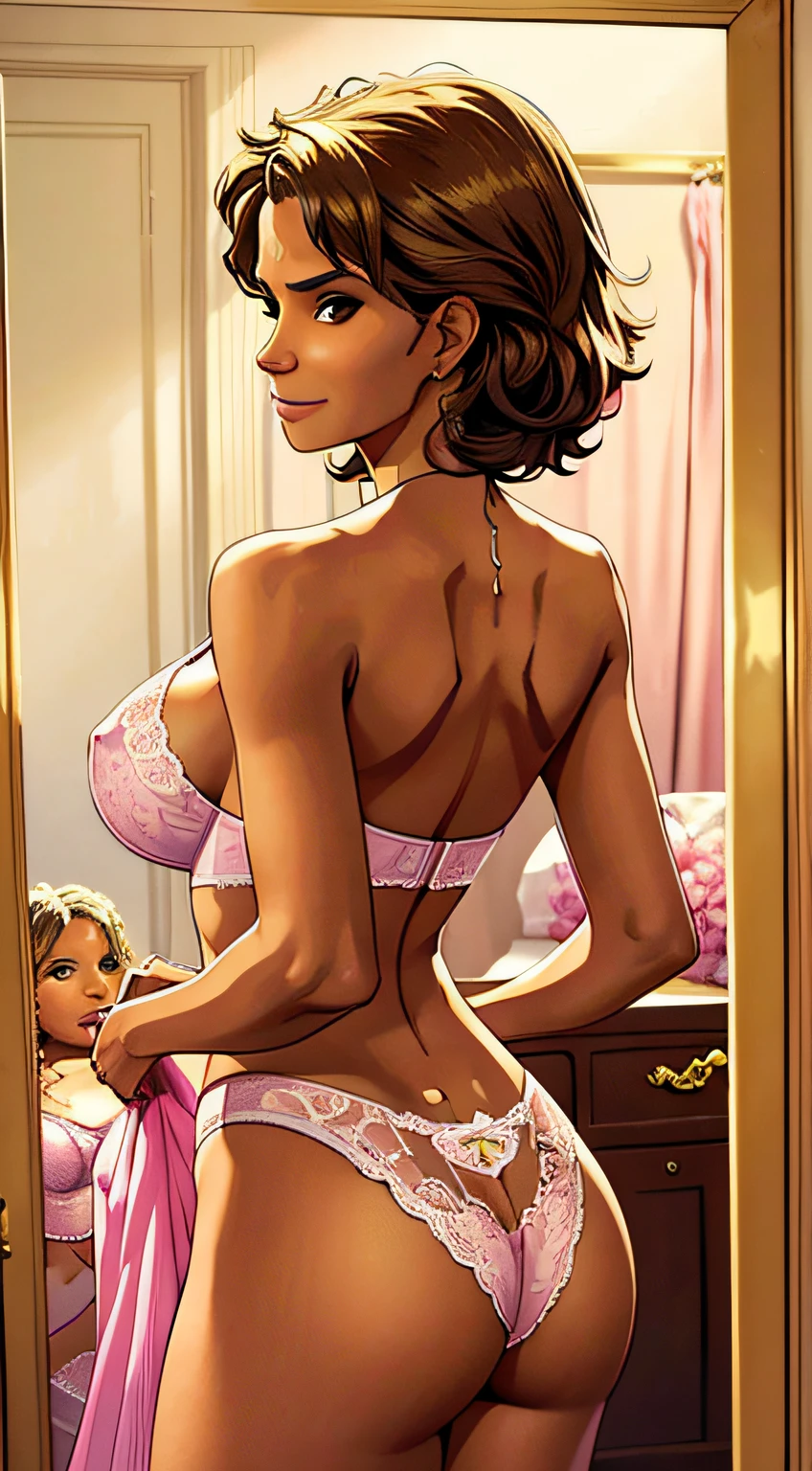 (((halle berry))), yellow small v string tong intricate details, pink lace balconette bra intricate details, big boobs, in front of mirror, happy face, realistic photo, back view