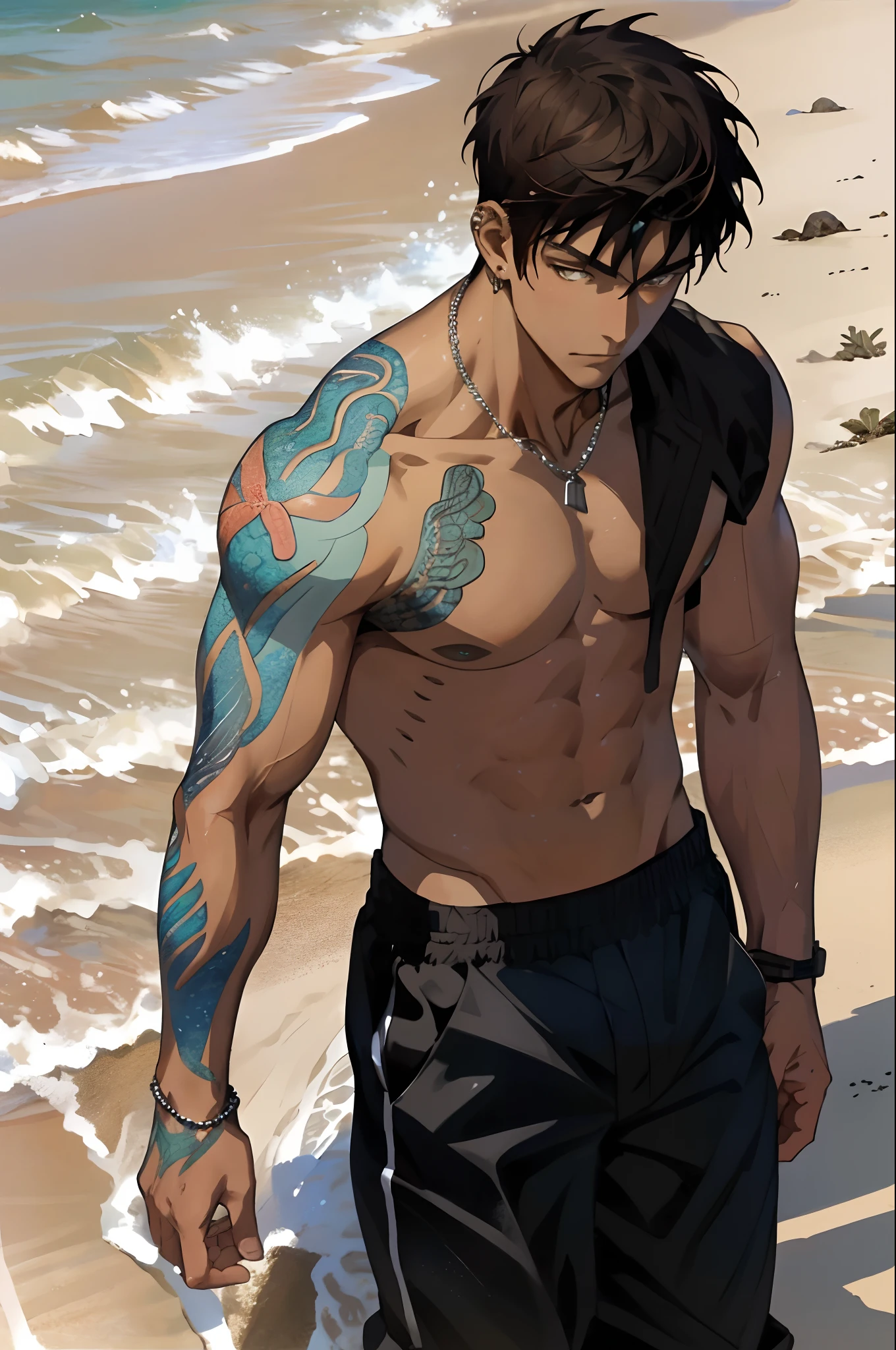 Realistic, (masterpiece, top quality, best quality, official art), very detailed, colorful, most detailed, god, short hair, black hair, dark skin, handsome man, sea, necklace, beach, pectals, abs, beach pants