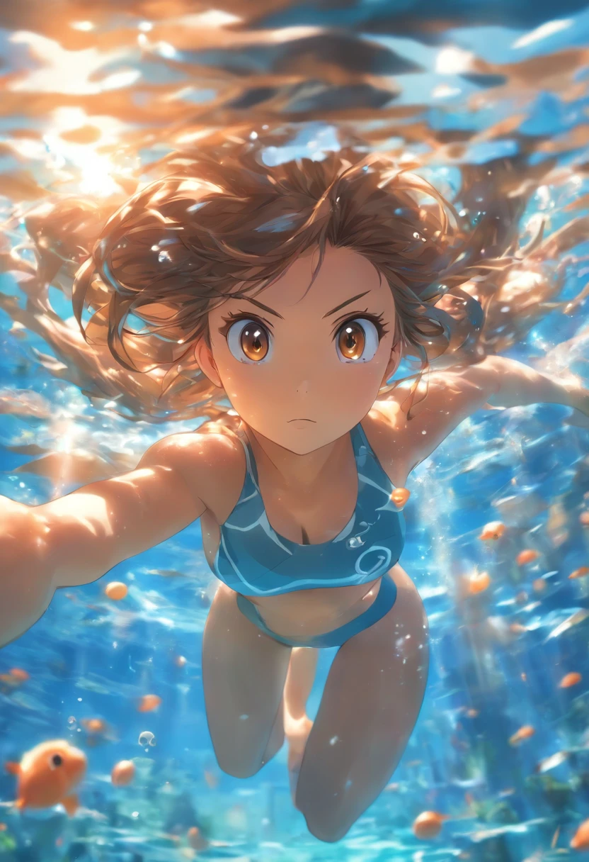 foreshortening,  Depth of field, Masterpiece, Best quality, 1girll, Brown hair, Brown eyes,  Long hair, Underwater, airbubble, Solo, view the viewer, School swim wear, Swimming,  Dappled sunlight,