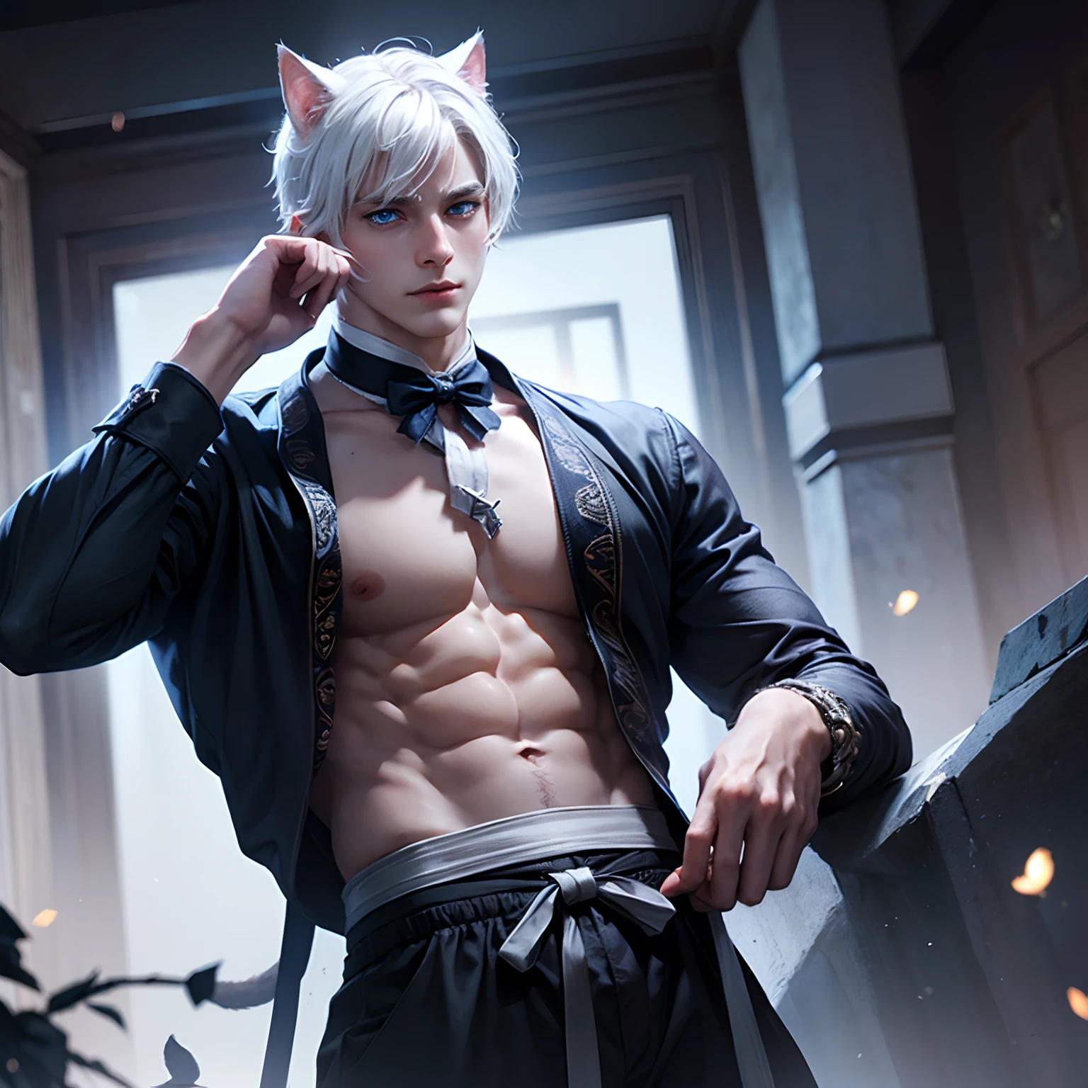 Man, young, boy, white hair, blue eyes, cat ears, neko