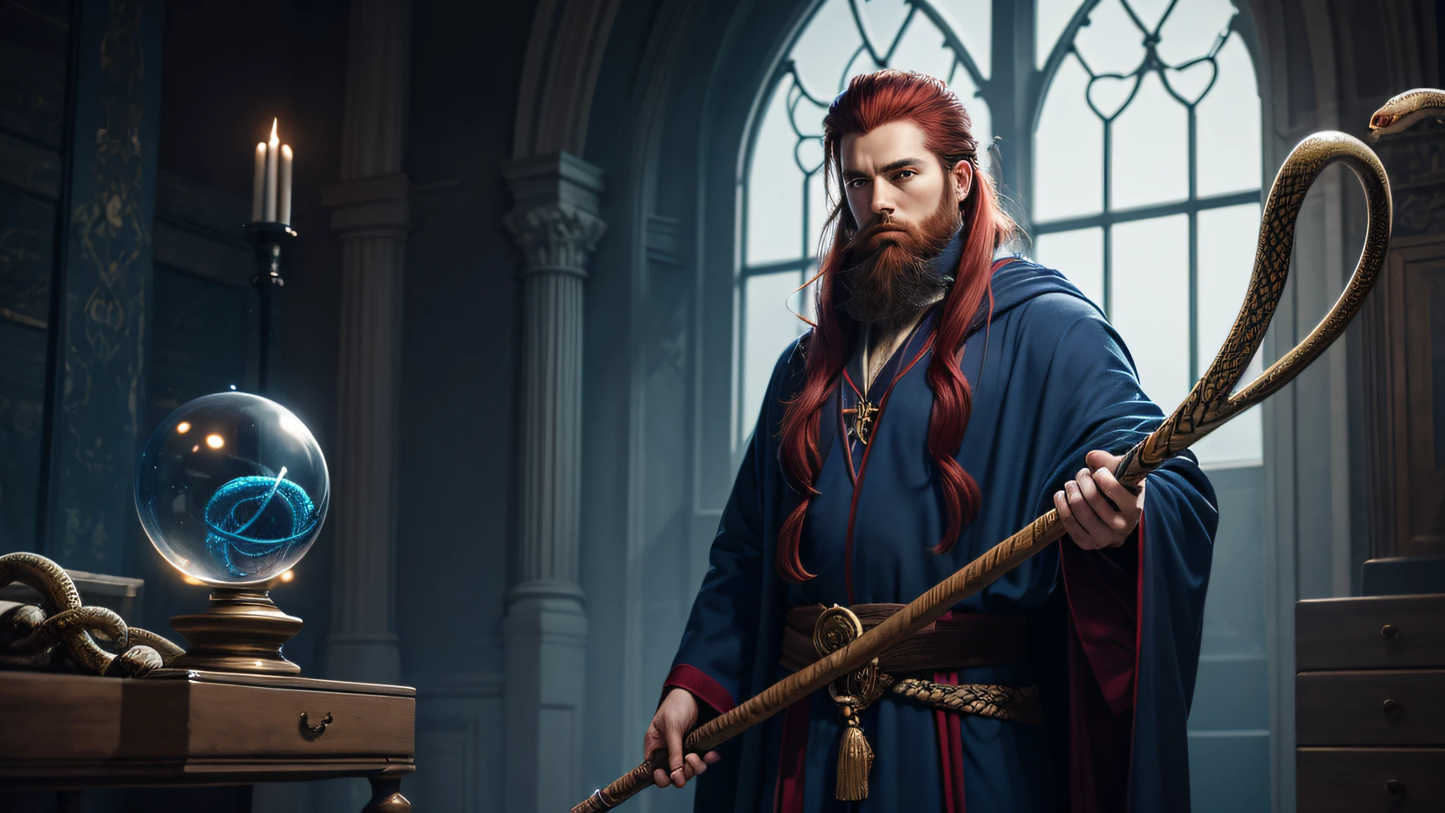 male wizard, red hair and beard, blue eyecolor, dark blue robe, staff with snakes and glass sphere, age 35