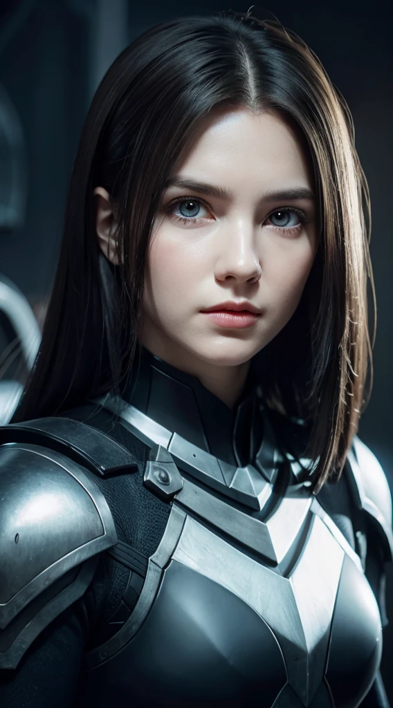 Masterpiece, Best quality, high resolution, 8K, sportrait, Realistic photo,( Combine clothing with Korean fashion design),Digital photography, full bodyesbian, 1 -yeld gi (Cyborg), Beautiful gray gradient long hair, Blue eyes, iintricate, highly details, unholy,Metal crown, Black dress, ,Silver metal exoskeleton armor, Intricate knightly hollow armor,power armour, Openwork design, mechanical structure, Photo pose, Solemn,, Red lips, .Metallic texture, oc rendered,Reflective texture, ((Clothing cutting)),