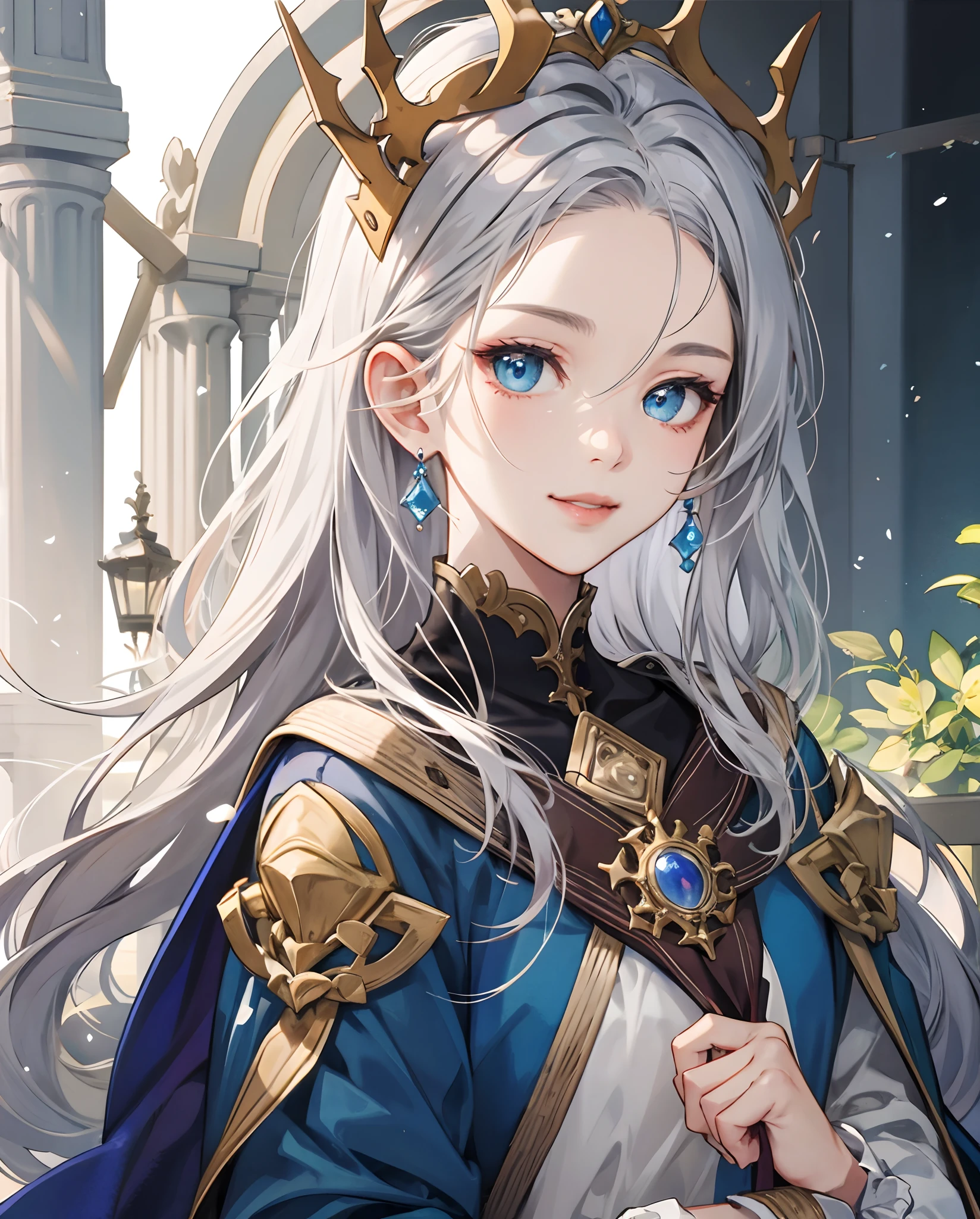 masterpiece、top-quality、超A high resolution、2D Beautiful Girl、animesque、s girl、The long-haired、Silvery crown、Beautiful blue eyes、The clothes are also depicted in detail、Eyes are depicted in detail、The face is depicted in detail、sorcerer、soio、Gentle smile、hair adornments、animesque、illustratio