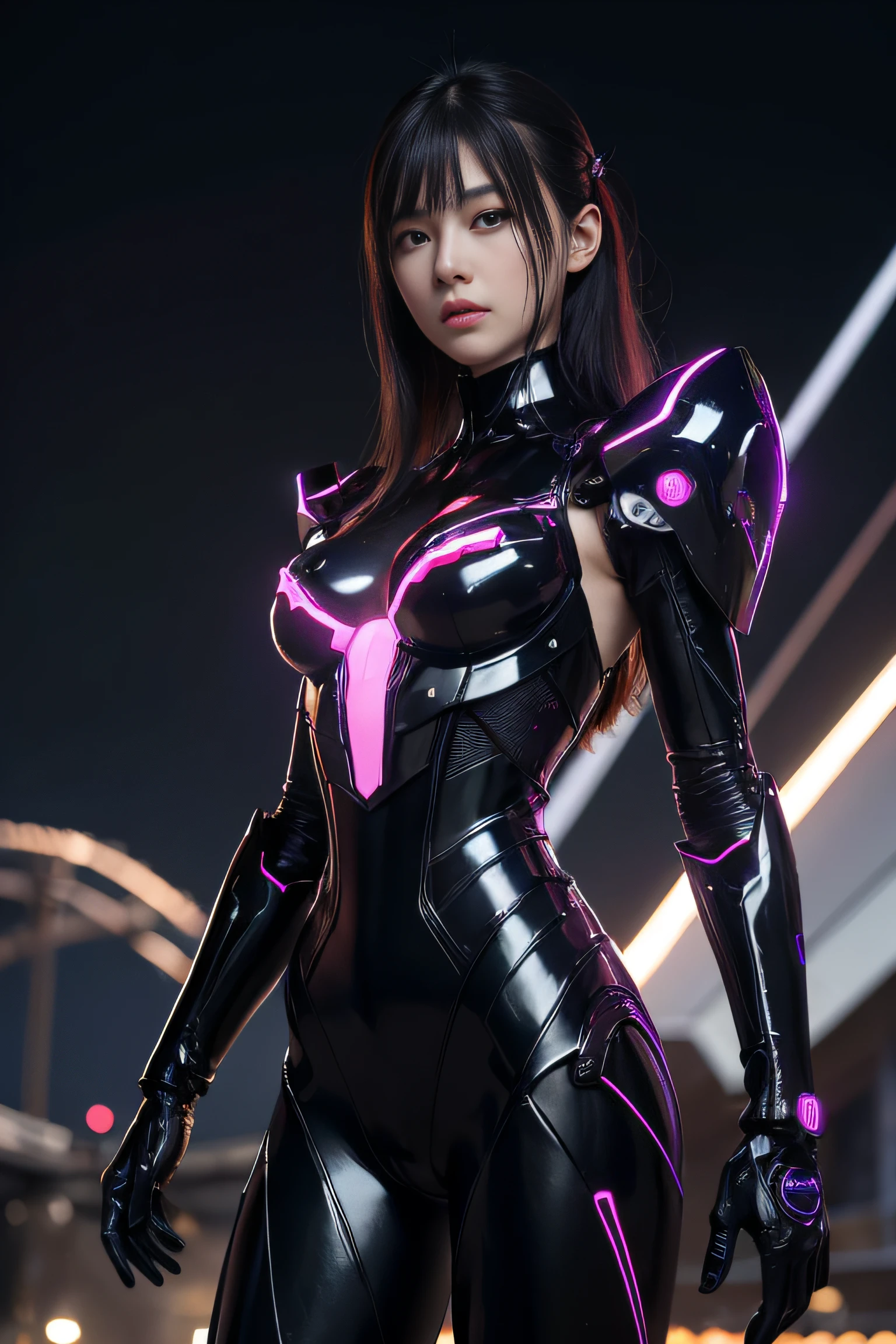 Top Quality, Masterpiece, Ultra High Resolution, (Photorealistic: 1.4), Raw Photo, 1 Girl, Black Hair, Glossy Skin, 1 Mechanical Girl, (Ultra Realistic Detail)), Portrait, Global Illumination, Shadows, Octane Rendering, 8K, Ultra Sharp, Big, Cleavage Exposed Raw Skin, Metal, Intricate Ornament Details, Japan Details, Very intricate details, realistic light, CGSoation trend, purple eyes, glowing eyes, facing the camera, neon details, mechanical limbs, blood vessels connected to the tube, mechanical vertebrae attached to the back, mechanical cervical attachment to the neck, wires and cables connecting to the head, gundam, small LED lamps, full body,