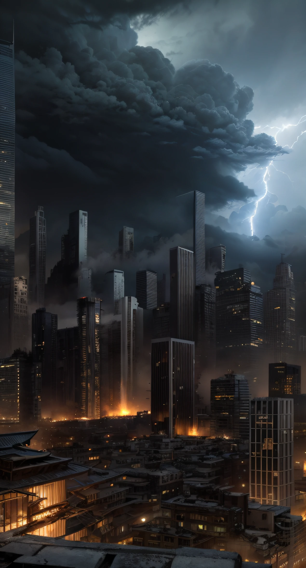 Post-war architecture,Ruined city in the distance,ruins of buildings,废墟,Wilderness Road,Doomsday scenario,Lightning and thundering sky,dark night sky,salama,Dark clouds hung over the sky