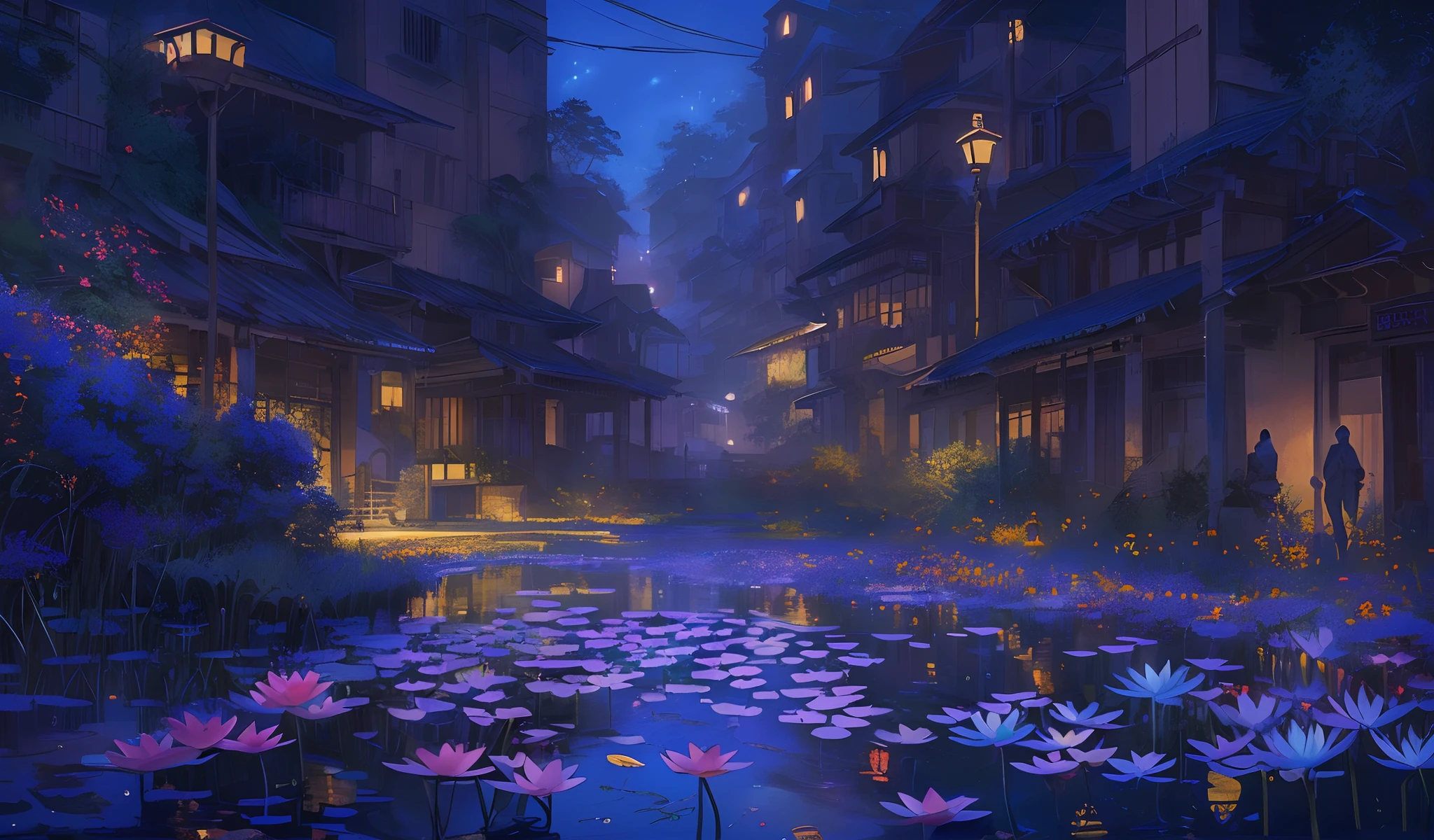 masterpiece, concept art, wide shot panoramic, a pond filled with lots of Himalayan Blue Poppys, city building in the background, cgsociety, nocturnal palette, standing on a lotus, (epic composition, epic proportion), rio de janeiro in an anime film, reflecting flower, art for the game, endless night, scene from louisiana swamps, without text, promotional art