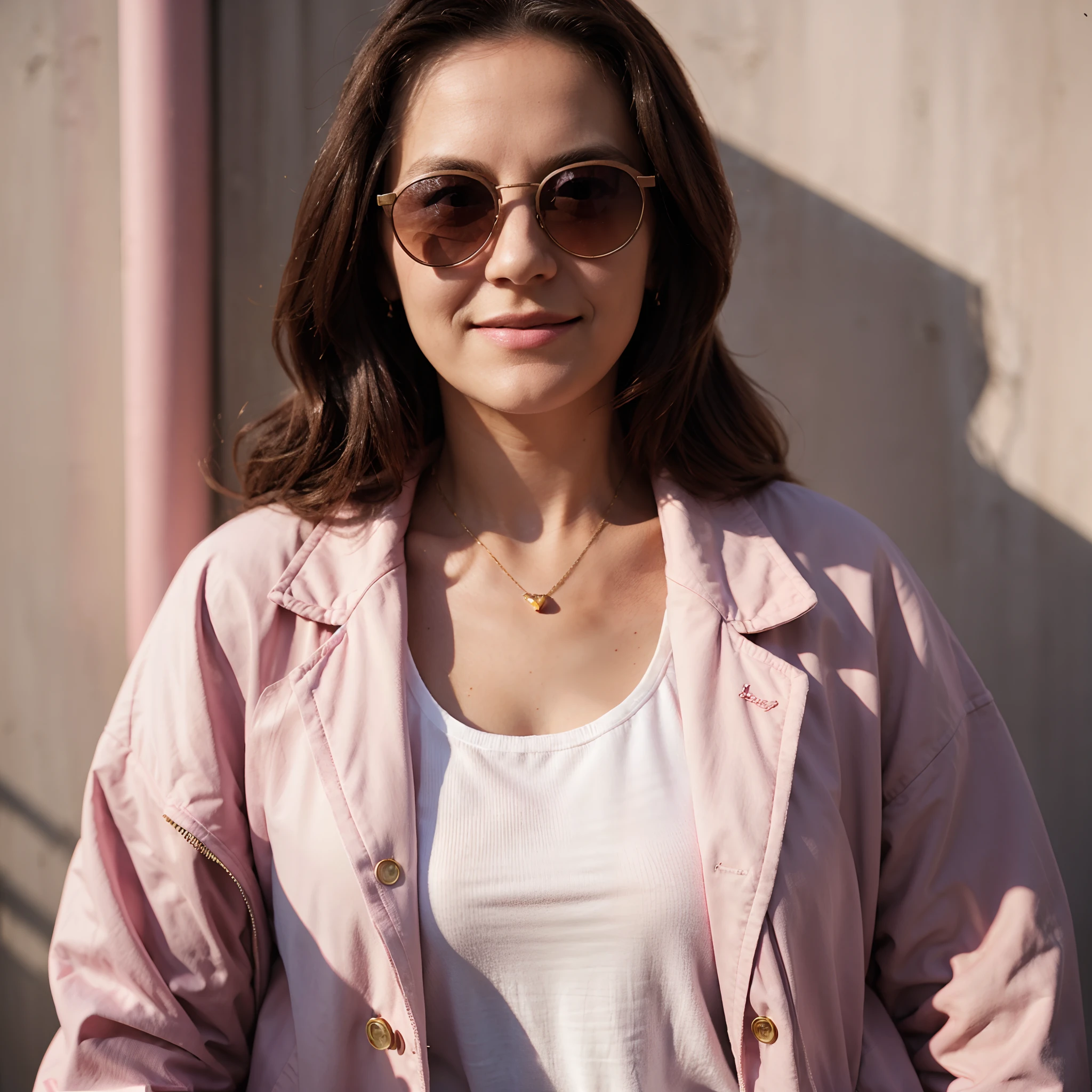 grandmother style photo, happy, pink jacket style, sunglasses, urban style, studio background, Medium long shot, flashy lighting, bright, shot on leica, shot on agfa vista 200, deep focus, photorealistic