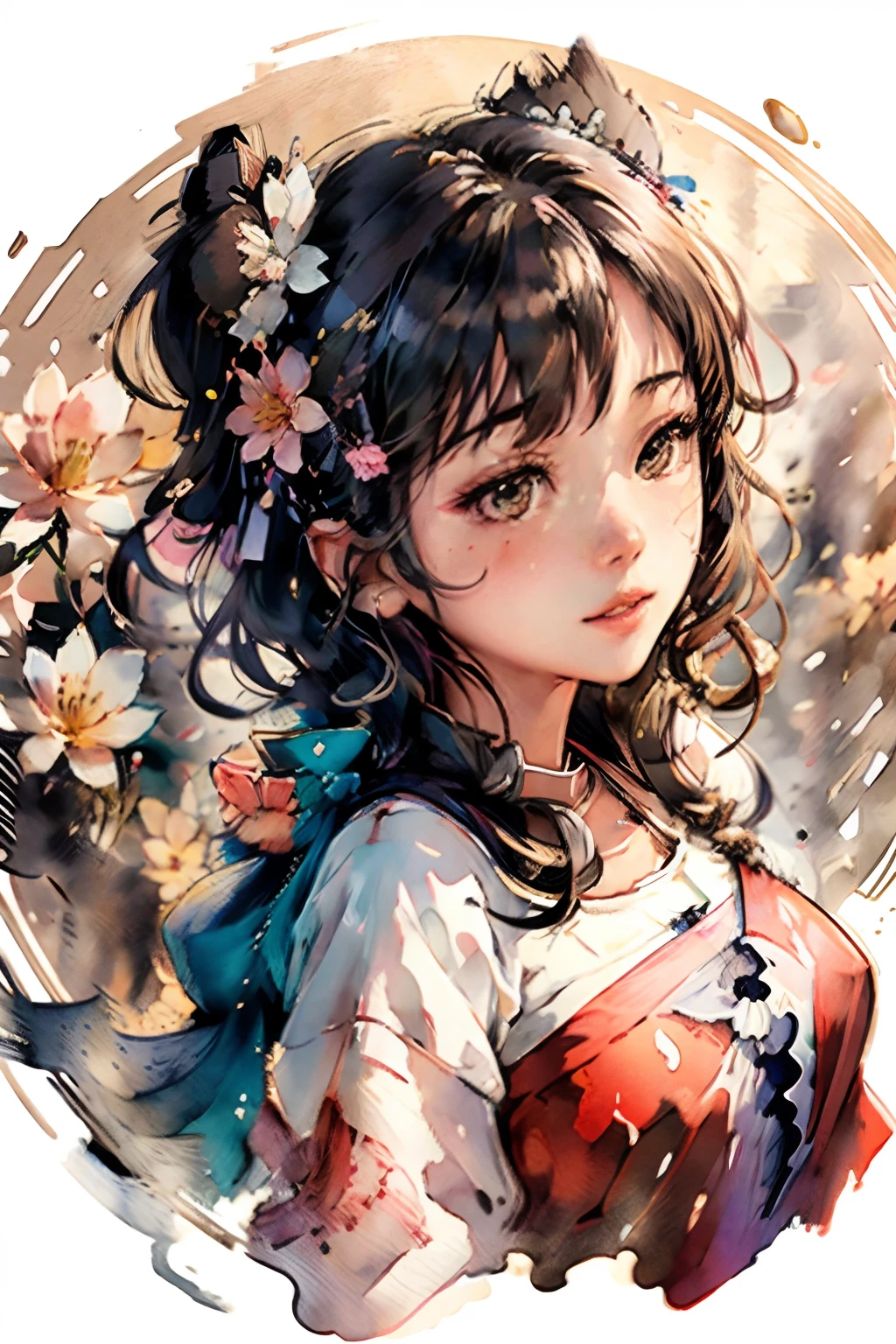 (masutepiece),Best Quality,Illustration,Art Nouveau,Sumi-e,Portrait,Only_1girl in_Face,(White background:1.4),(the Extremely Detailed CG Unity 8K Wallpapers:1.1),(Colorful:0.8),,(Solo:1.2), (Ink splashing),(splashes of colour),((watercolor paiting)),Rose background,Outdoors,boulders,Soft smile,pure,(Beautiful),Detailed and complex patterns,colorwater,(Face Focus),Looking at Viewer、Dress、Colorful flowers around the figure、