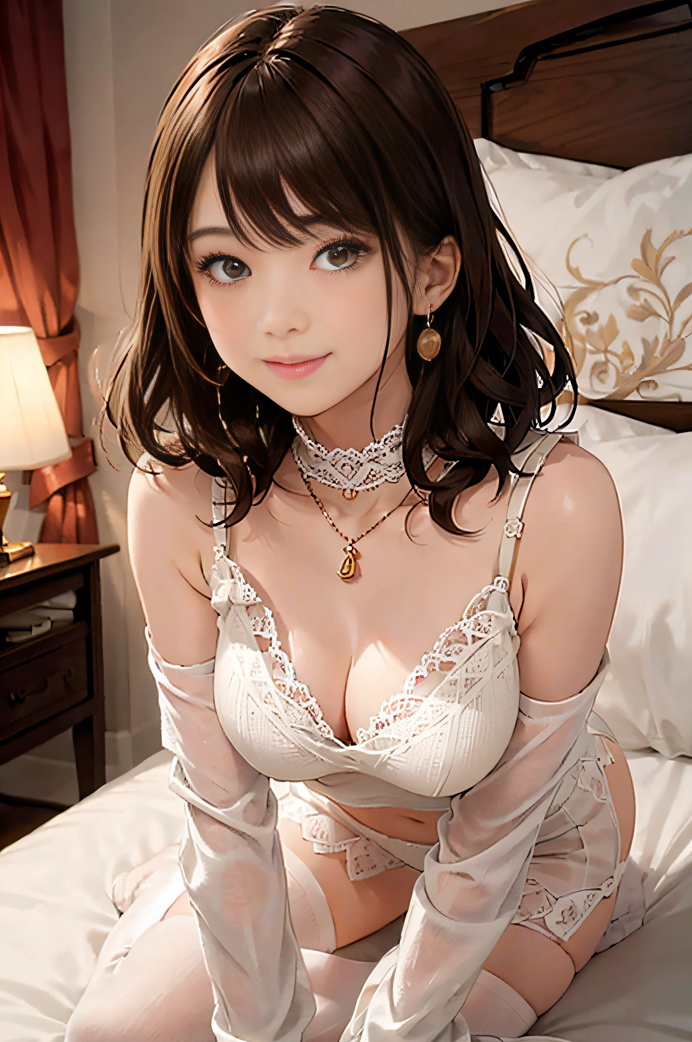 Light Beige Turtleneck Sleeveless Knit、White lace underwear、20 year old girl, breasts of medium size,, (Tron bulge in the chest)、((lyin in bed))、brown haired、Long Wave Hair、hotels room, a necklace、Earring、knee high stockings、 ((Very detailed)), (Shy smile)、(Kamimei)、(Perfectly detailed face), (Well detailed hands) Photorealistic images、full body seen、emphasis on the buttocks