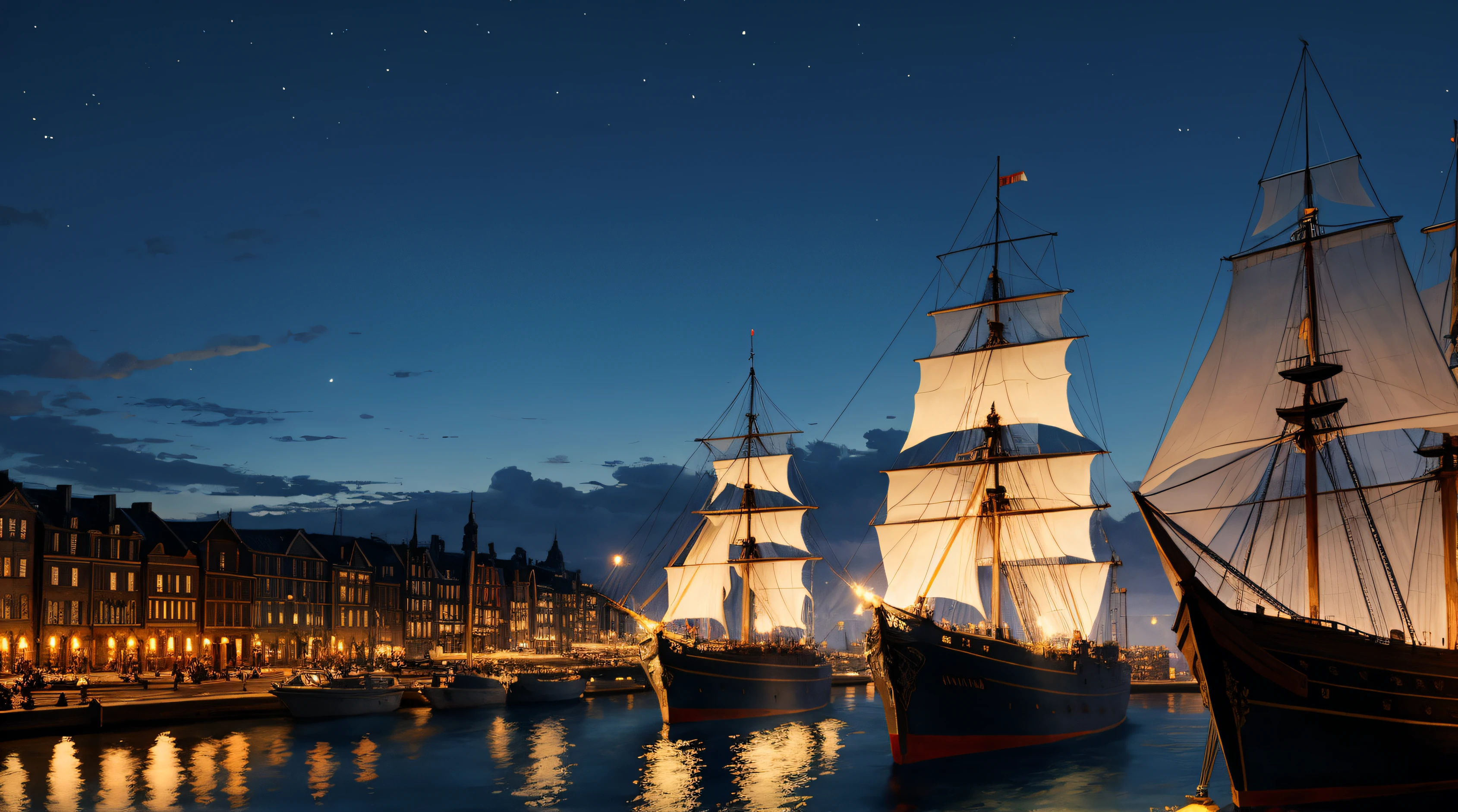 assassin's creed, view over a harbor at night, big ships