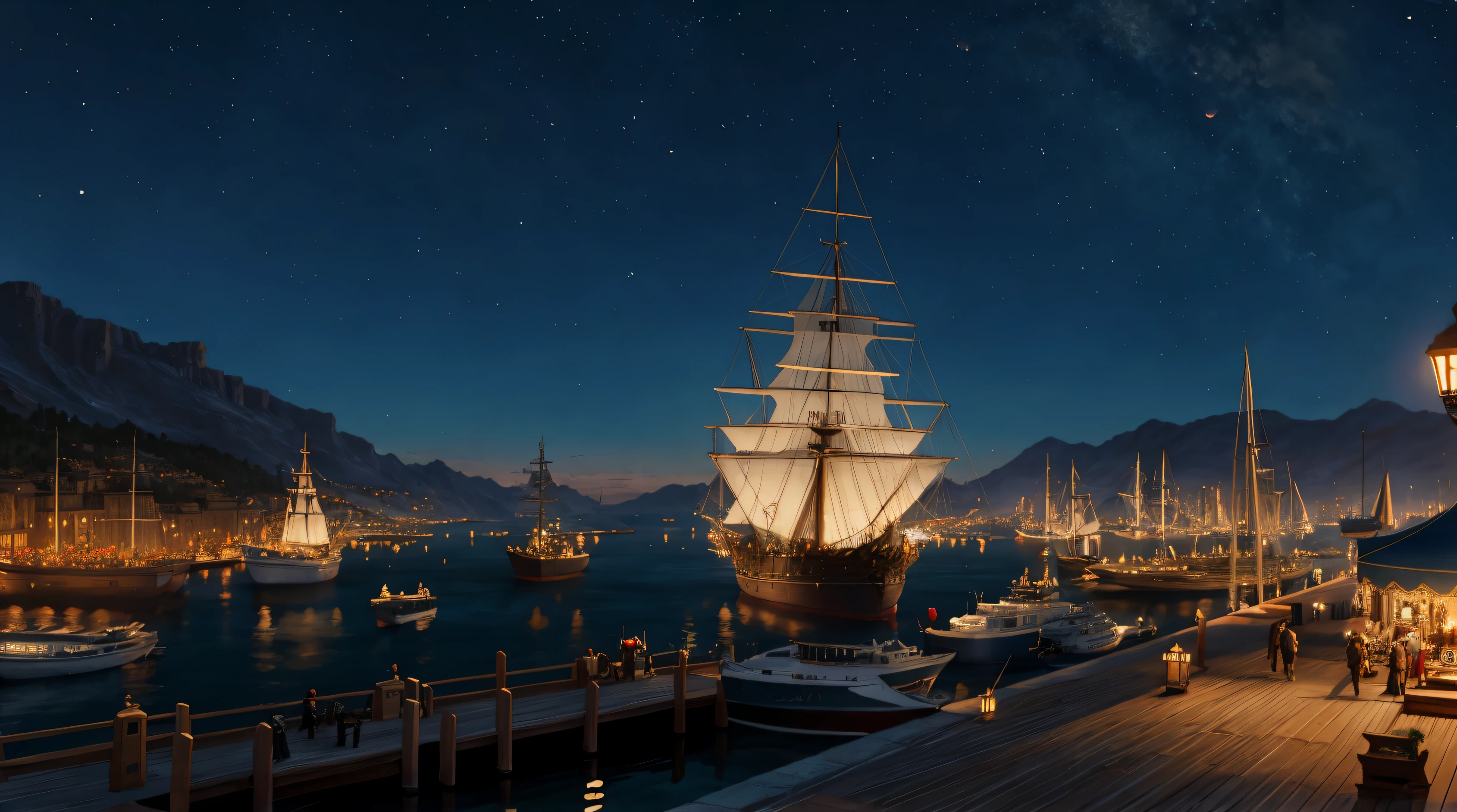 assassin's creed, view over a harbor at night, big ships