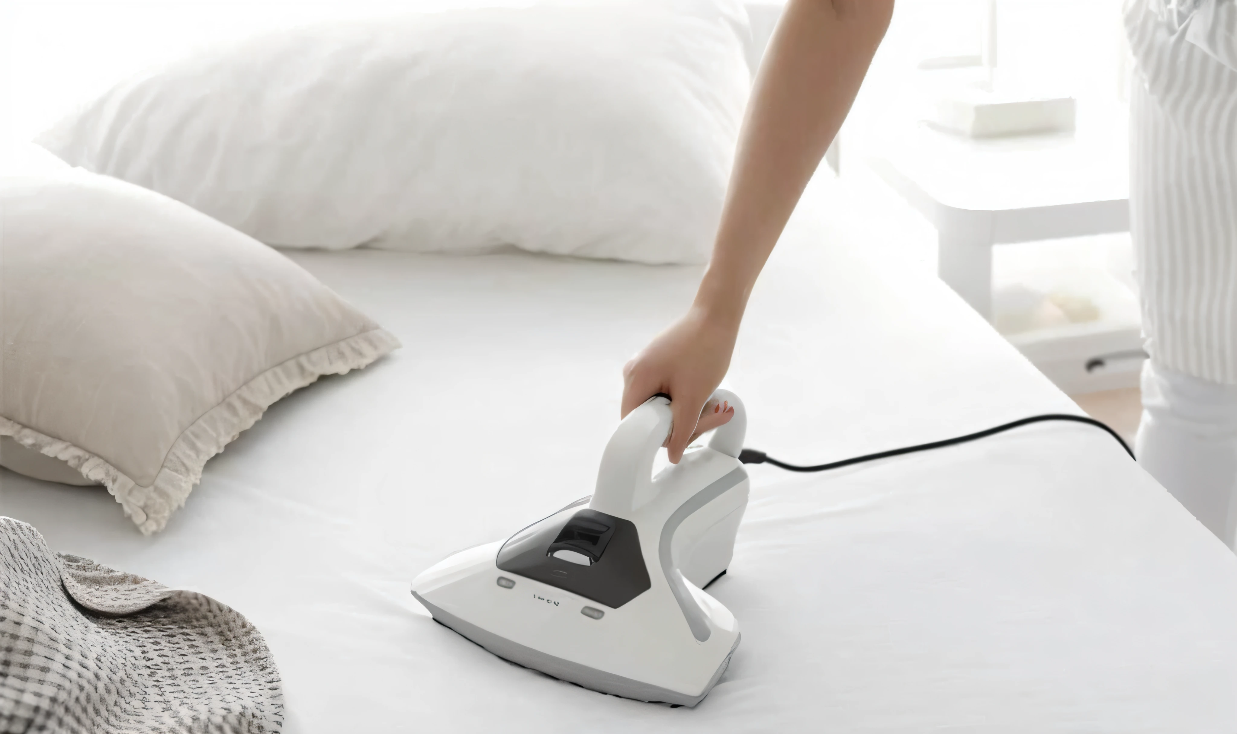 someone is using a steam iron to clean a bed, crisp smooth lines, easy to use, crisp smooth clean lines, ultra setting, clean design, smooth clean surfaces, smooth streamline, clean and neat, けもの, sleek utopian design, handsome, flat, vacuum, good morning, bottom angle, easy, vivid detail, ultra realistic
