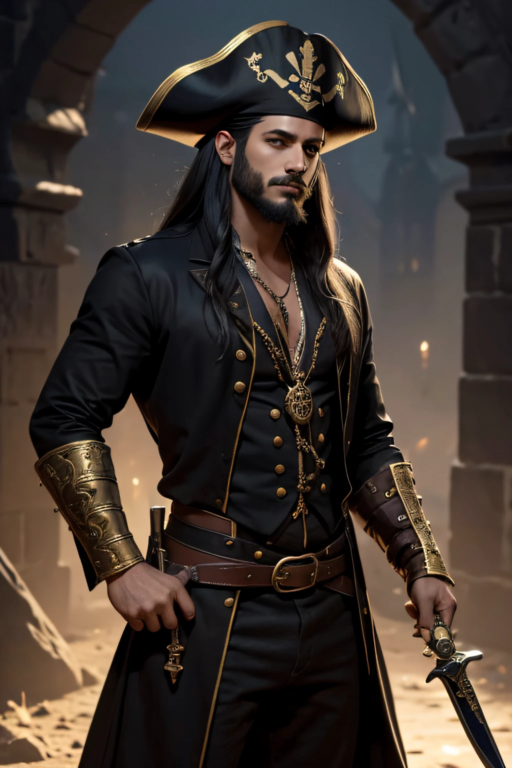 Personagem de D&D, ladino, obscurecido pelas sombras de um beco movimentado, envolto em um manto preto. His hair is long and he has a short beard. In his hand he holds a dagger. he's on the sidelines, encostado na parede, Holding a golden dagger in his hands. He wears a pirate hat