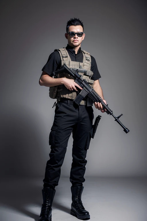 Half body, Military contractors, Male, Short Mohawk, Well-trained body,Black glasses, Black combat uniform, cargo pants, A black tactical vest with a full magazine, A black holster with a pistol, Tactical boots, Black SUV background