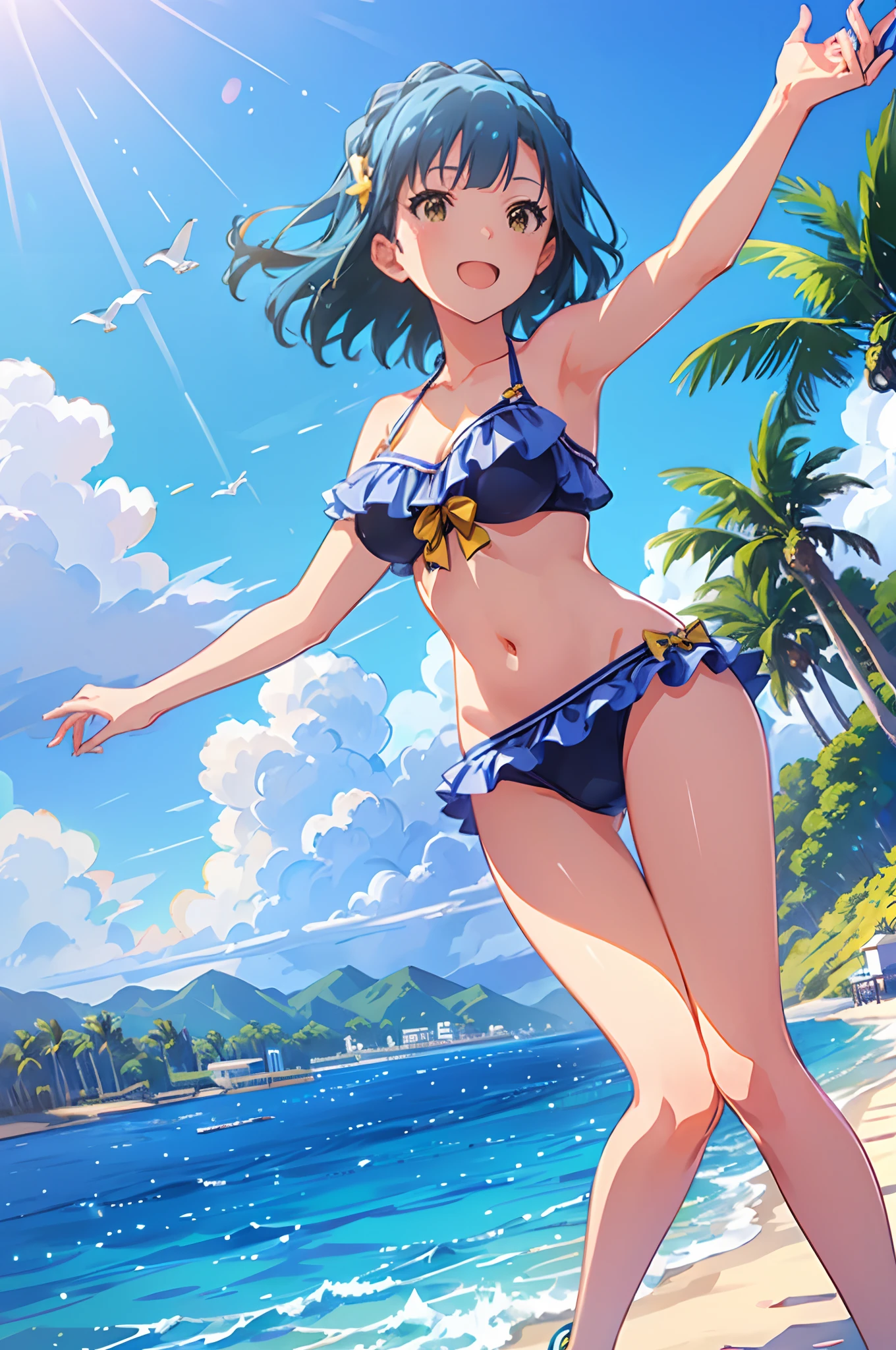 yuriko nanao (million live), 1 girl, Solo, Cute Girl, Best Quality, Ultra-detailed, 8K, High resolution, Detailed face, shiny skin, (Cinematic Angle), Bob Hair, Smile, have fun, (((bikini))), (((outdoor, shining sky, sunshine, Summer, Beach, Resort, palm tree, flying seagull,)))