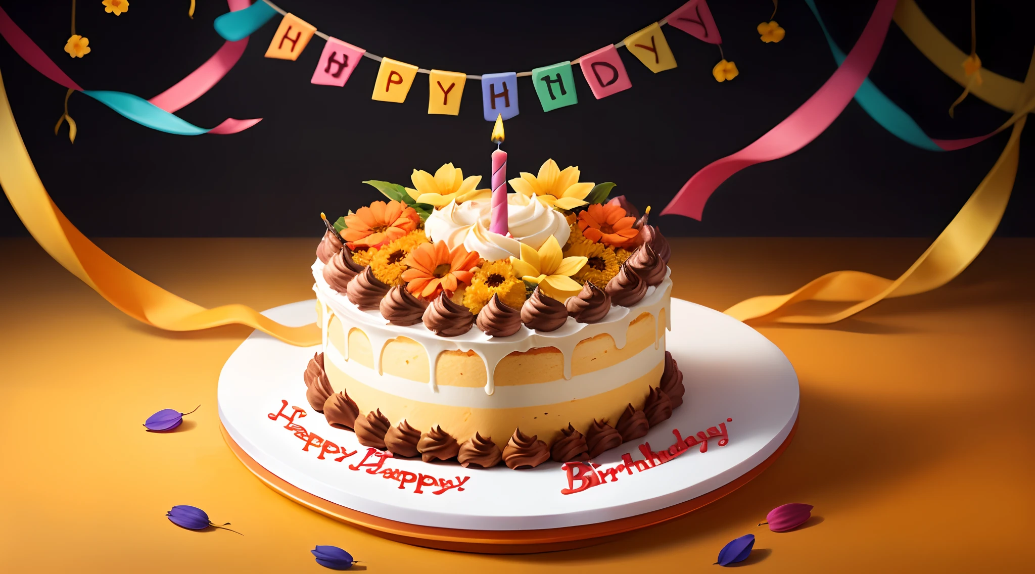 The birthday cake，Colourful，Full of orange flowers on a background，Happy birthday celebration