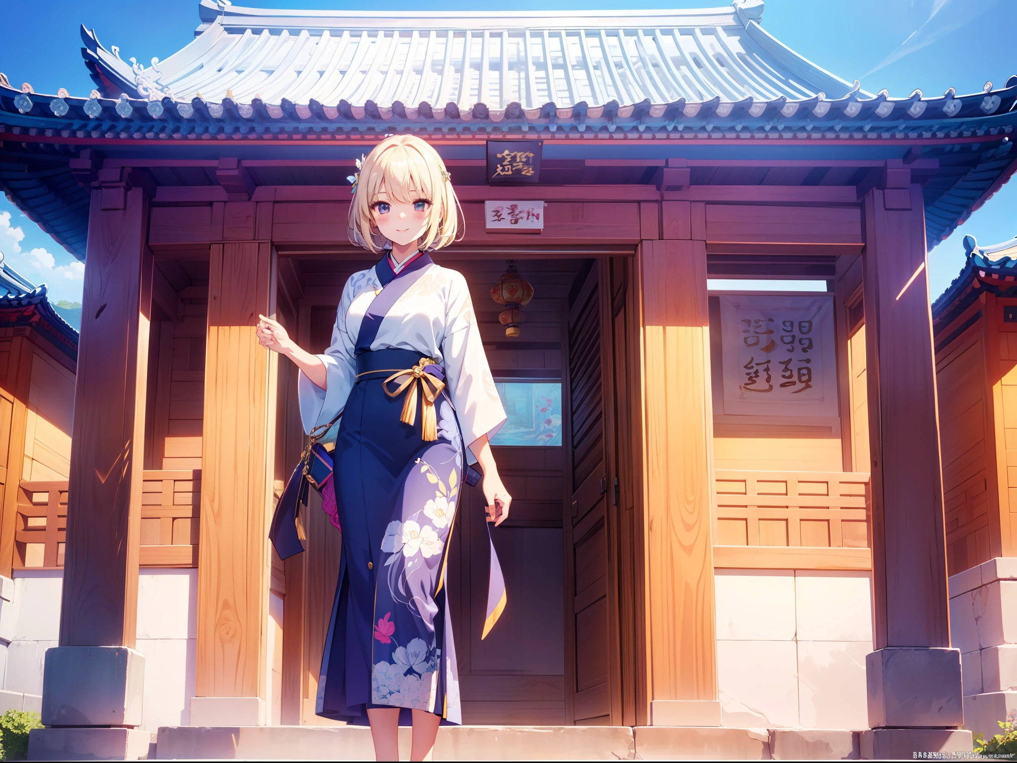 1 cute girl, (chima jeogori), standing ,full body, character focus, close to viewer, front, cinematic lighting, smile, background Gyeongbokgung , ((masterpiece)), ((best quality)), ((ultra-detailed)), (illustration), ((an extremely delicate and beautiful))