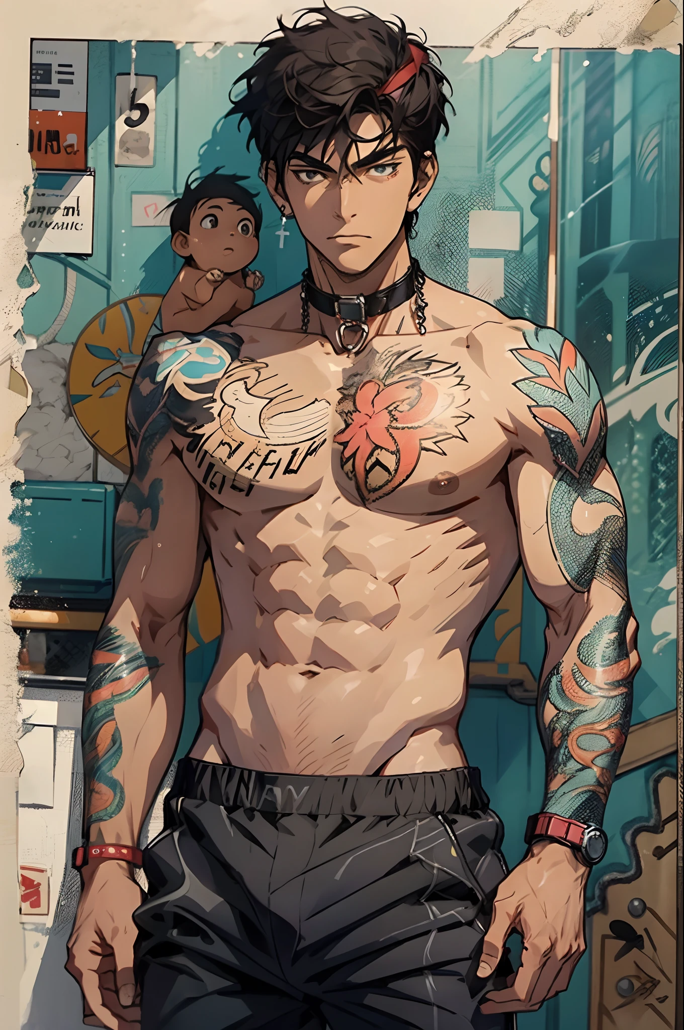 realisticlying,(tmasterpiece,top Quority,best qualtiy,offcial art),The is very detailed,Colorful,Most detailed,Kamimei,short detailed hair,Black color hair,Handsome man,Mare,choker necklace,sandbeach,chest muscle,Abs,Undress,Take off your pants,musculous,Briefs