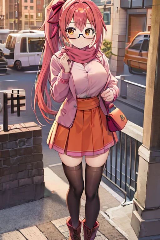 Full body girl with pink colored hair, side ponytail, long hair, orange eyes, wearing winter clothes, skirt, a hair ribbon, glasses, an orange scarf, black thighhighs and boots