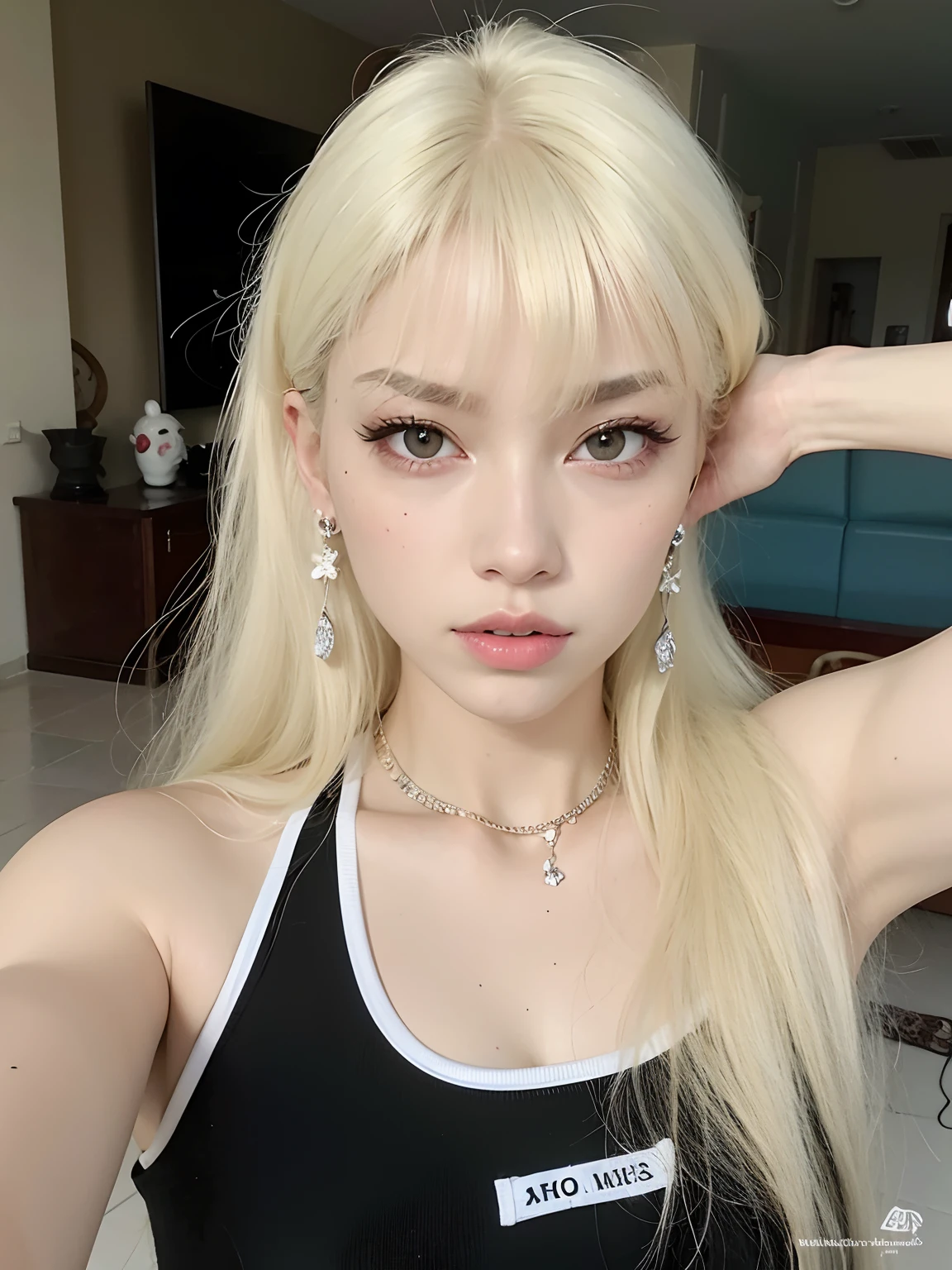 um close up de uma mulher com cabelos loiros usando um top preto, Lalisa Manobal, branco hime corte penteado, Lalisa Manoban do Blackpink, Parque Roseanne do Blackpink, franja branca, longos cabelos brancos e franja, very very pale blond hair, extremely pale blond hair, cabelo whitebangs cabelo, com franja completa, com cabelos longos brancos, com franja